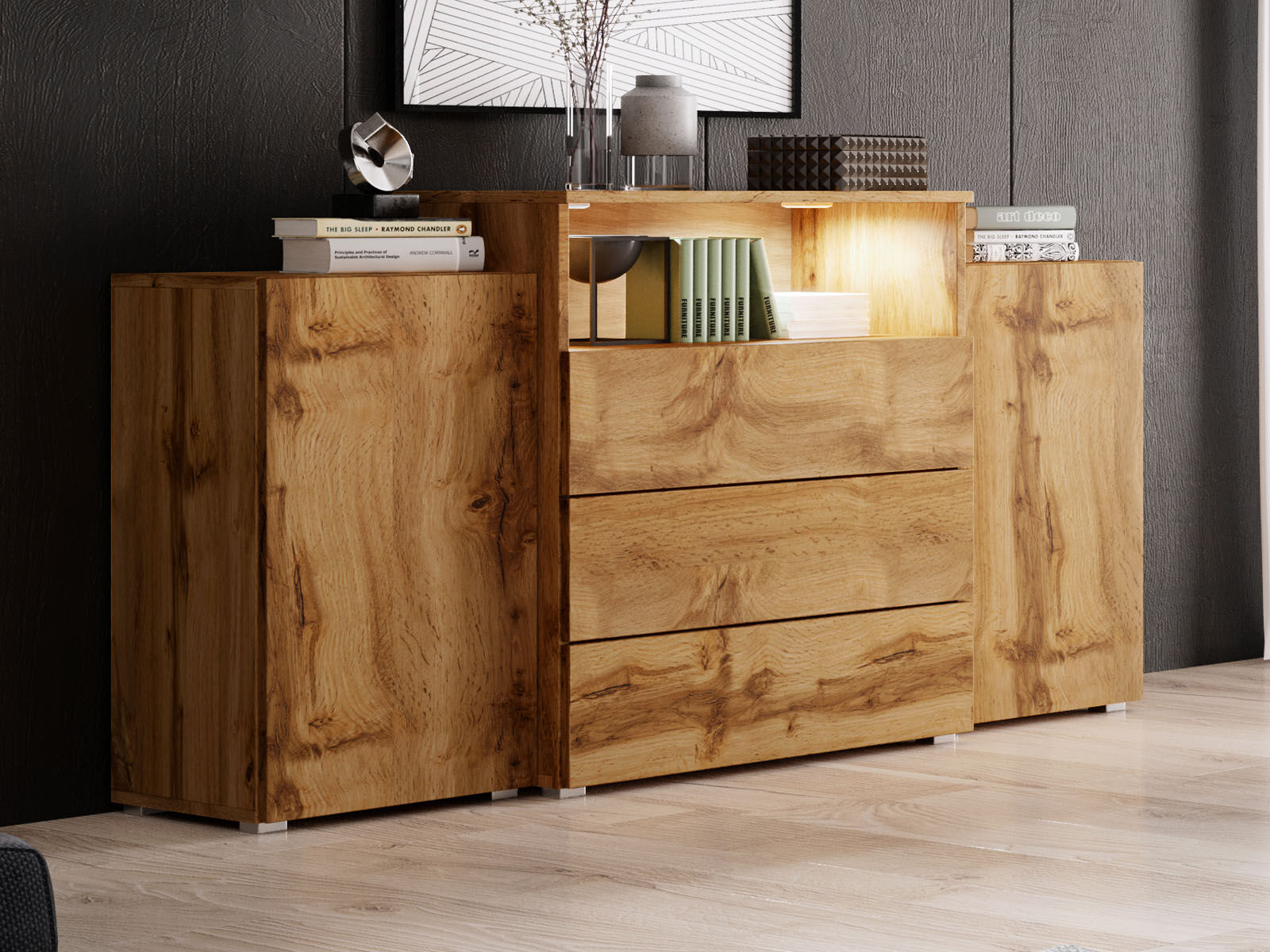 Dressoir URBY 2 deuren 3 lades wotan eik met led 