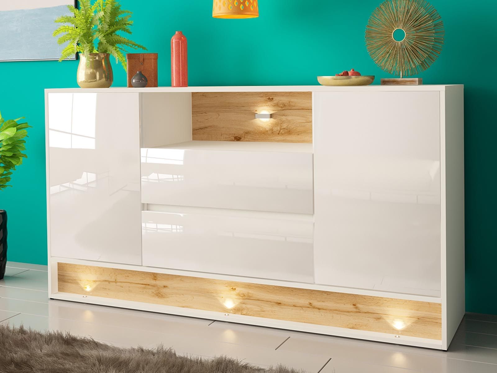 Dressoir VISION 2 deuren 2 lades eik/hoogglans wit