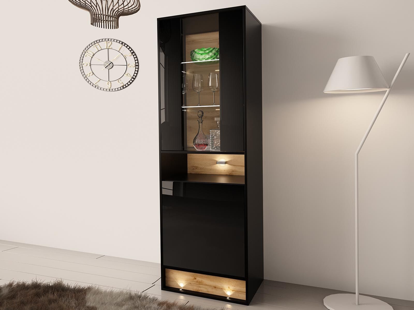 Vitrinekast VISION 2 deuren eik/hoogglans zwart