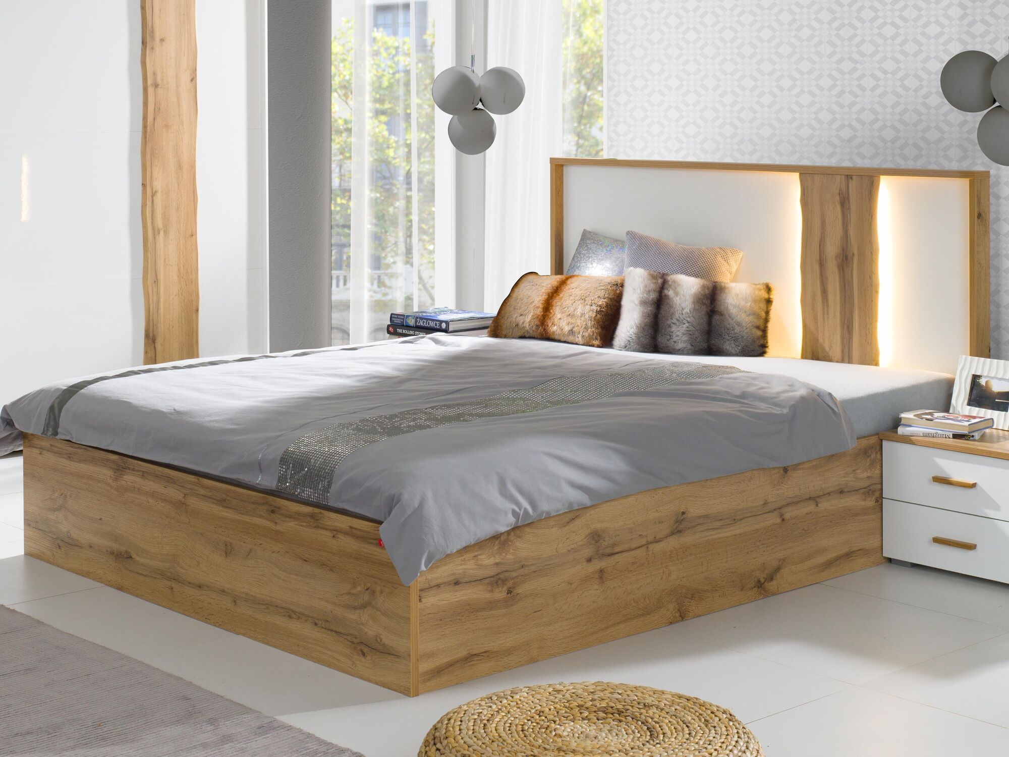 Tweepersoonsbed WOLFPA 160x200 cm hoogglans wit/wotan eik 