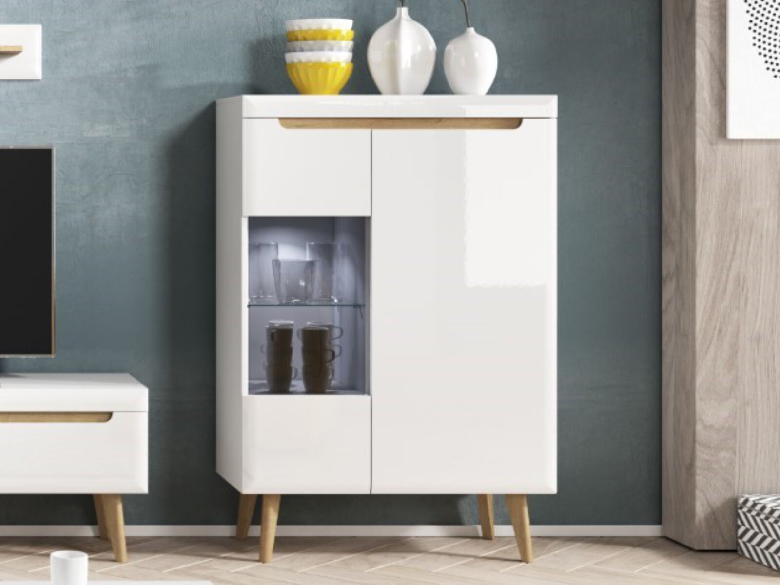 Kast NORDO 2 deuren wit/hoogglans wit met leds 