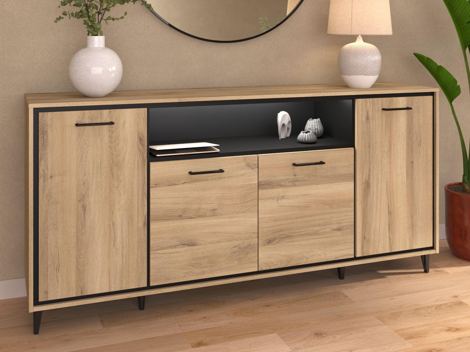 Mobistoxx Dressoir OSTEO 4 deuren kronberg eik/zwart met led