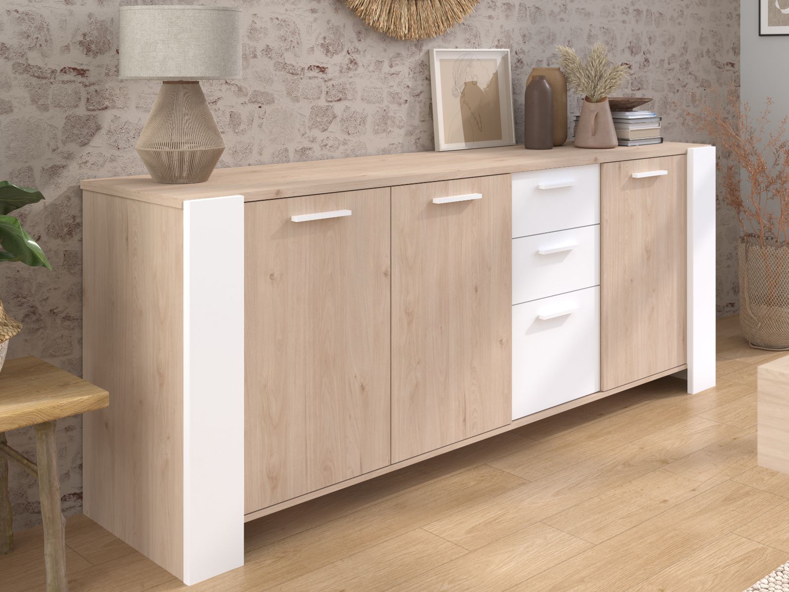 Dressoir TRAVIS 3 deuren 3 lades artisan eik/wit