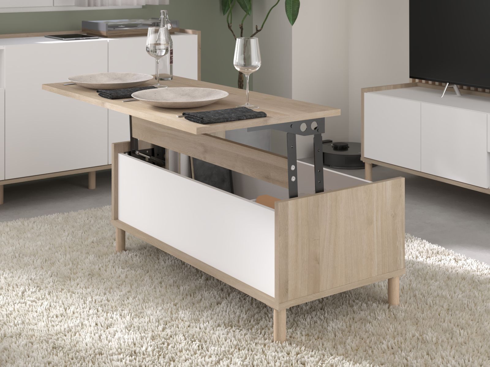 Salontafel met opklapbaar blad MORPHEE 110 cm japanse eik/wit