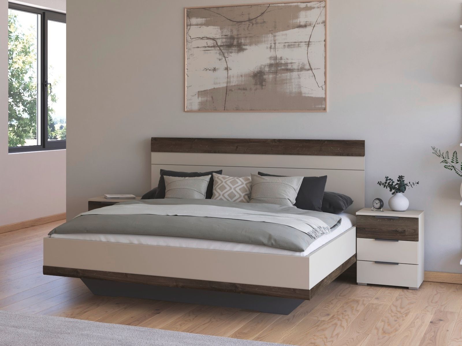 Bed met nachtkastjes SAJORIS 180x200 cm kasjmier/atlantische eik