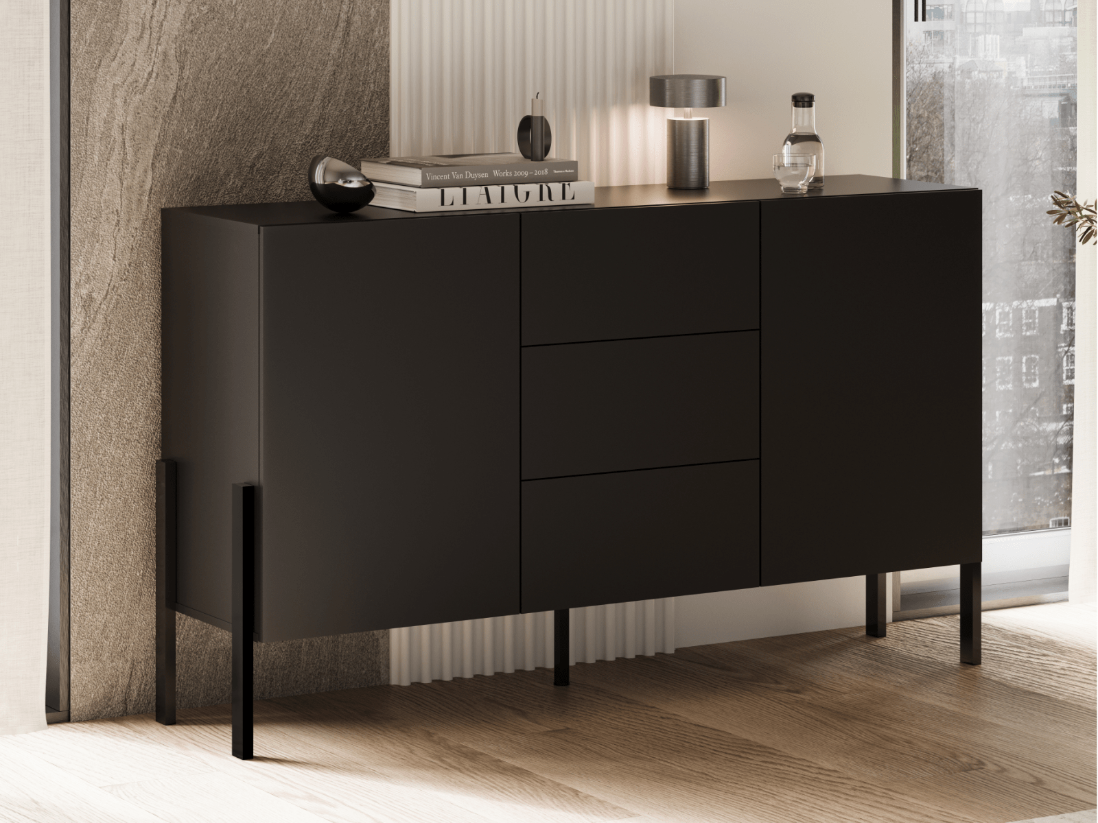 Dressoir JUKAMI 2 deuren 3 lades 150 cm zwart