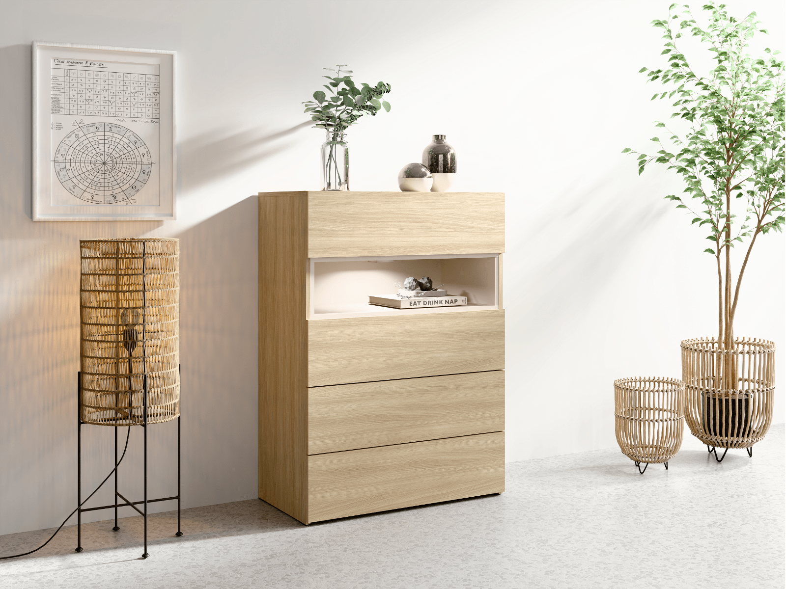 Commode VILLANOVA 4 lades barista eik met LED