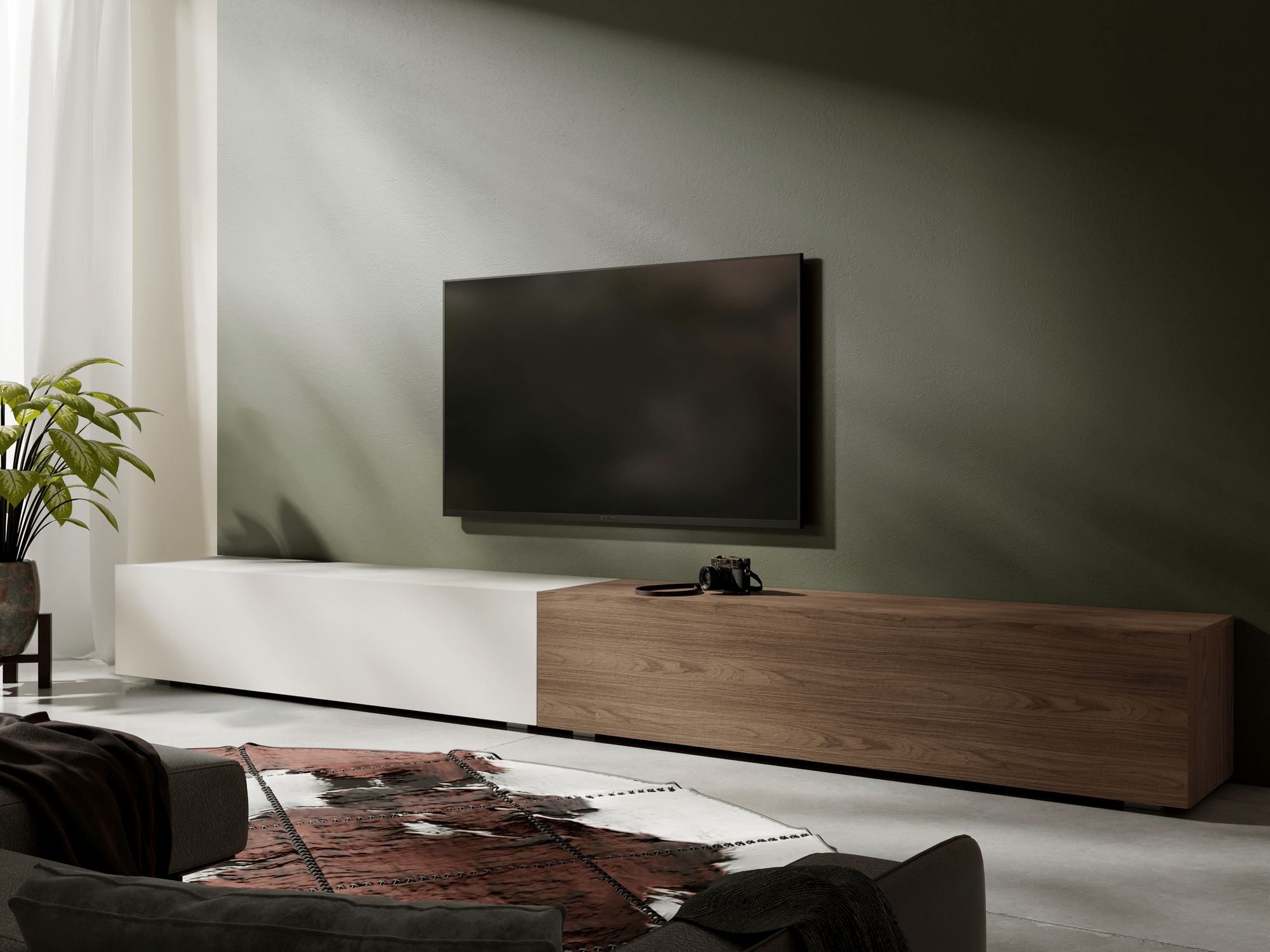 Tv-meubel KINGSTON DUO 2 klapdeuren 280 cm mat wit/walnoot