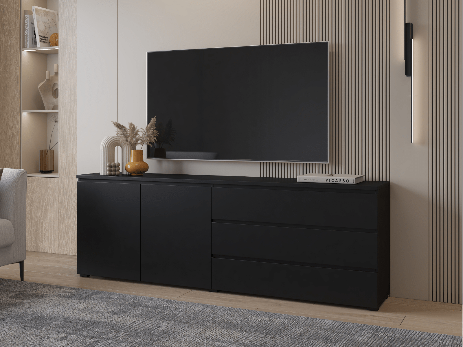 TV-/hifi-meubel MODOK 3 deuren 3 lades zwart