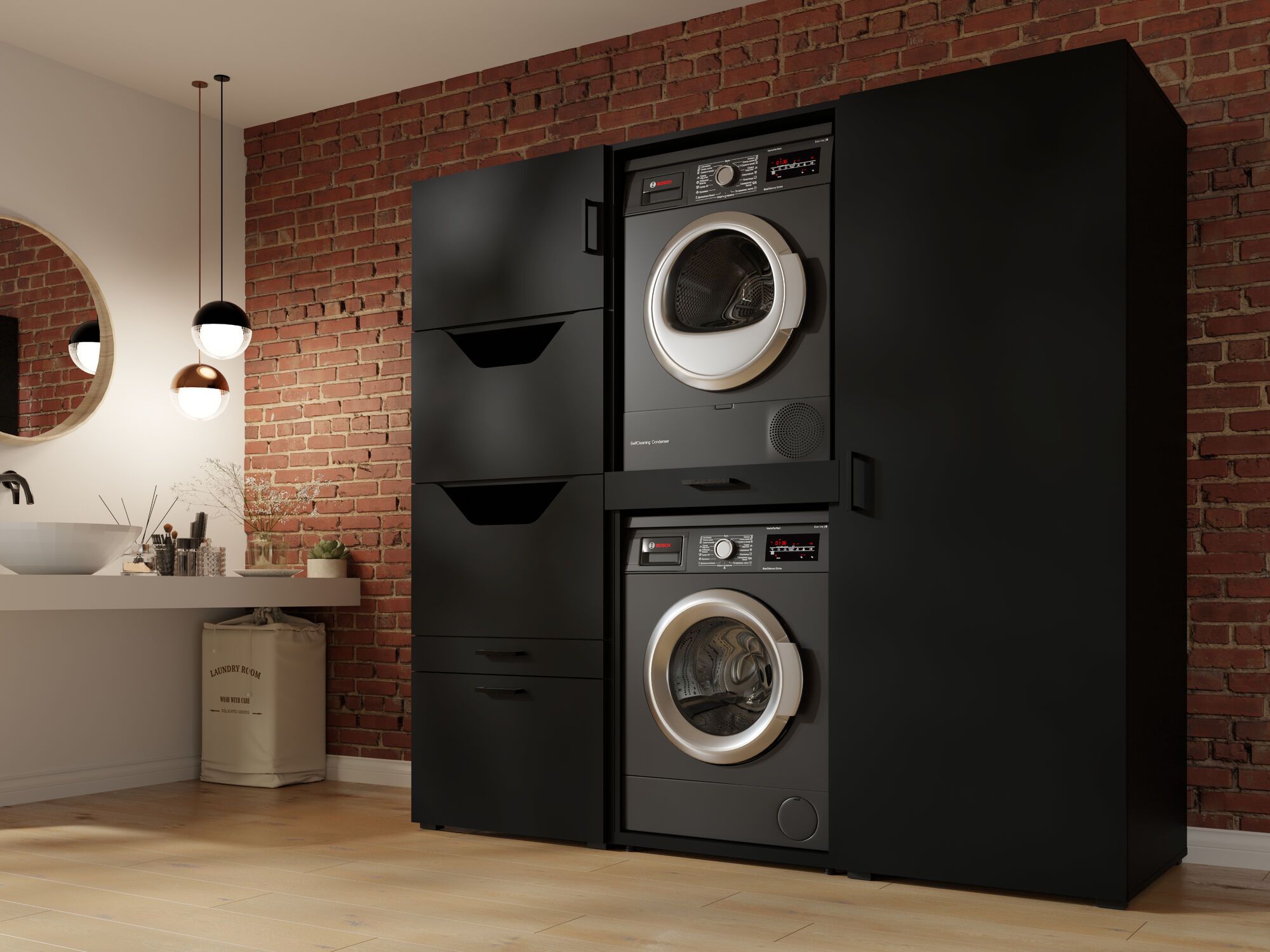 Kast WASHING 2 machines boven elkaar met 2 kasten LARGE zwart