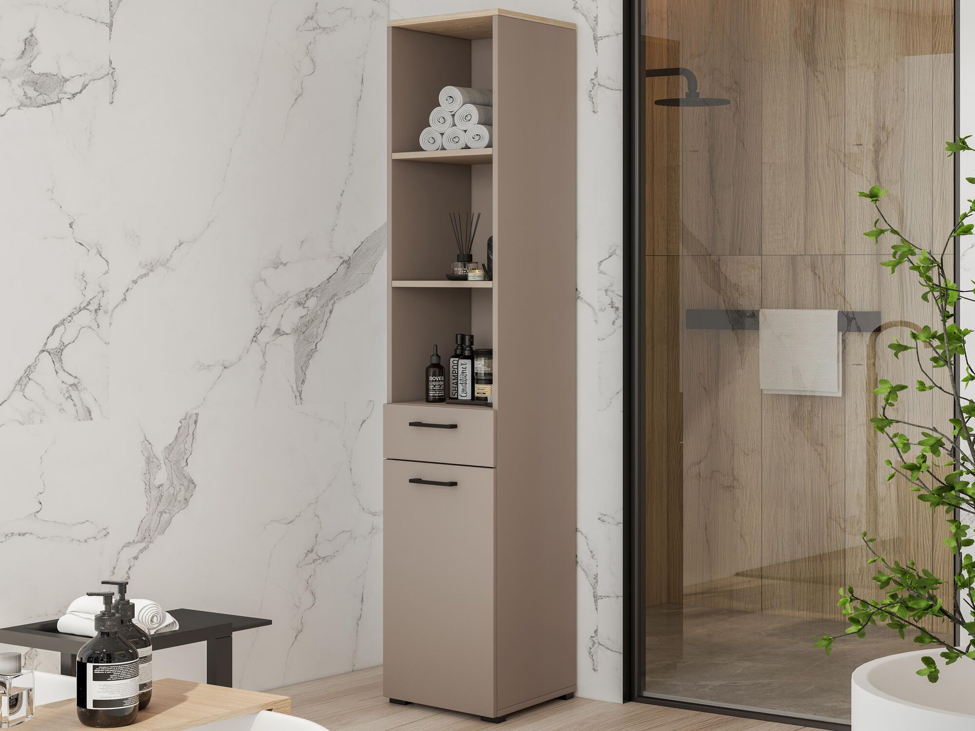 Kolomkast met wasmand LAUNDRY 1 deur 1 lade taupe 