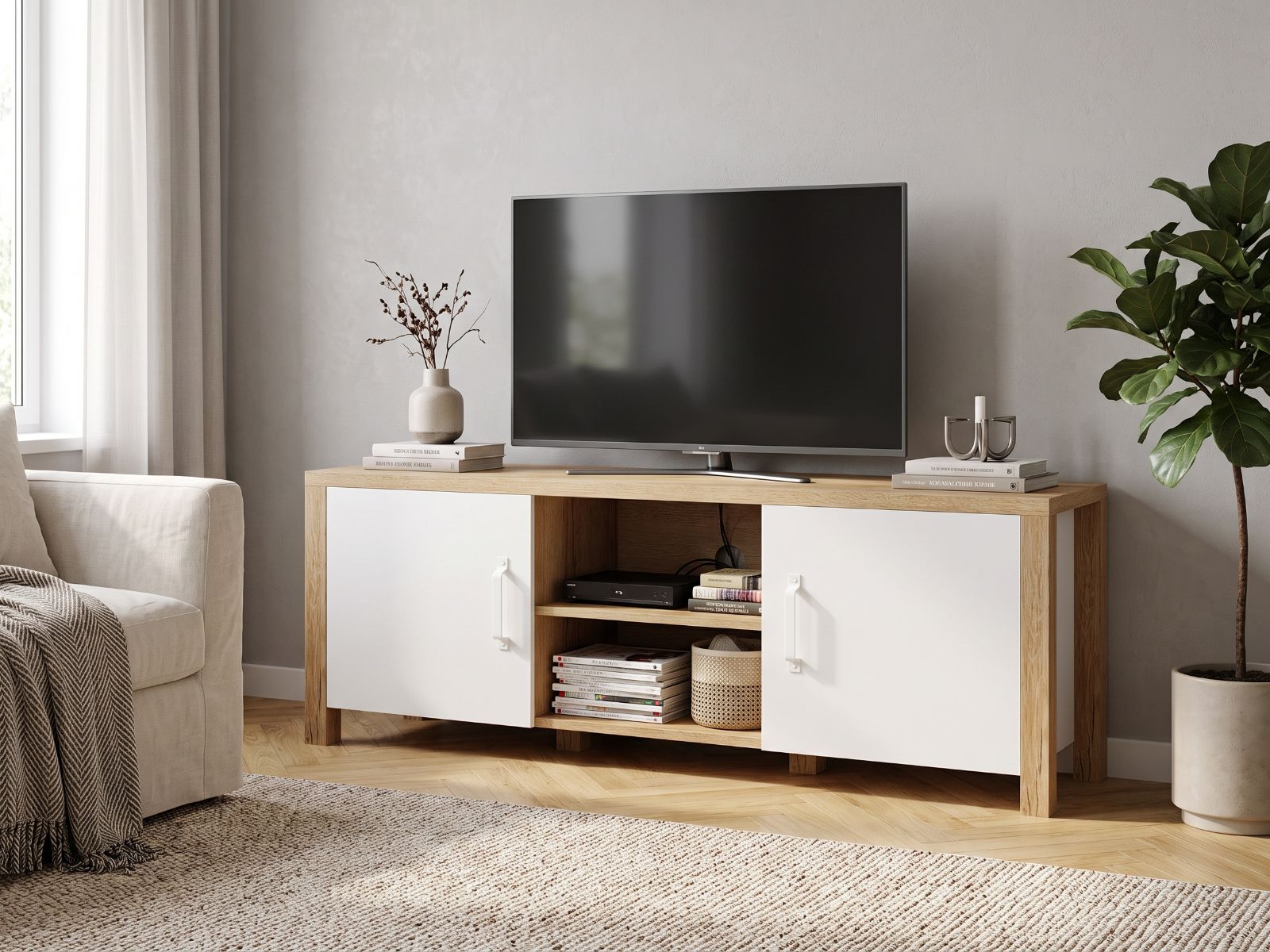 Tv-meubel OLIANNE 2 deuren natuurlijke eik/wit