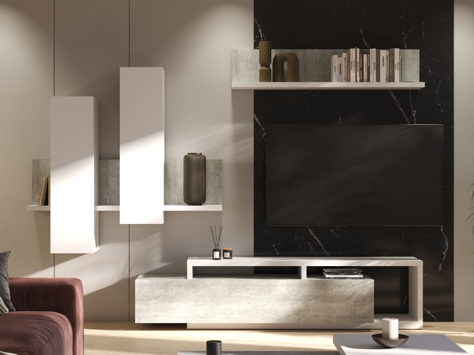 Tv-meubel set BOTSWANA 2 lades 2 opbergvakken wit/beton