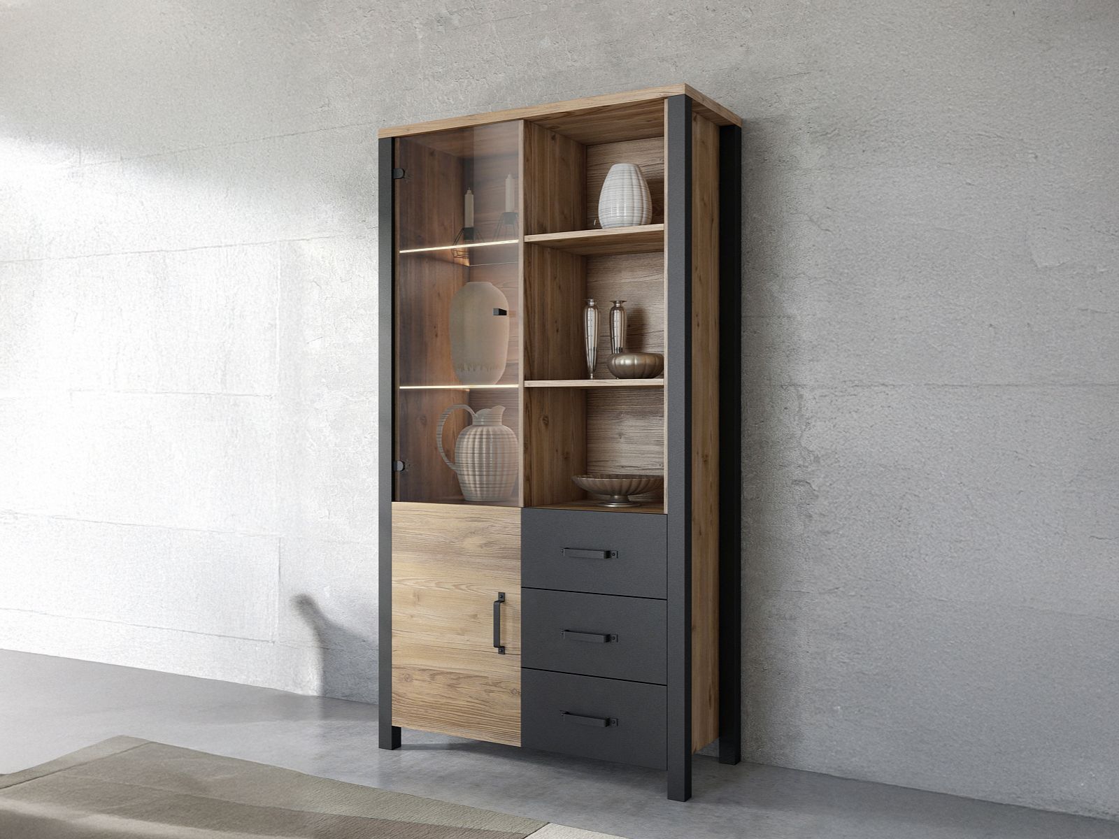 Vitrinekast OLIANNE 2 deuren 3 lades appenzeller sparren/zwart