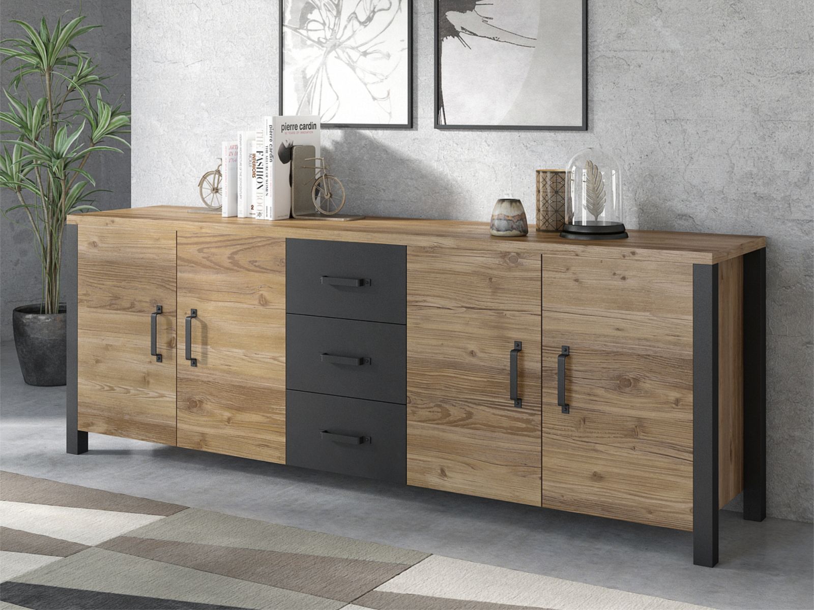 Dressoir OLIANNE 4 deuren 3 lades appenzeller sparren/zwart