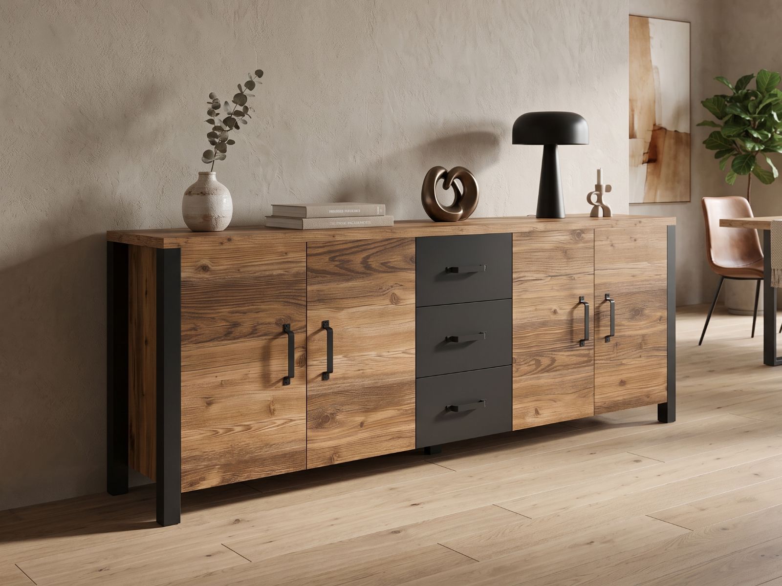 Dressoir OLIANNE 4 deuren 3 lades appenzeller sparren/zwart