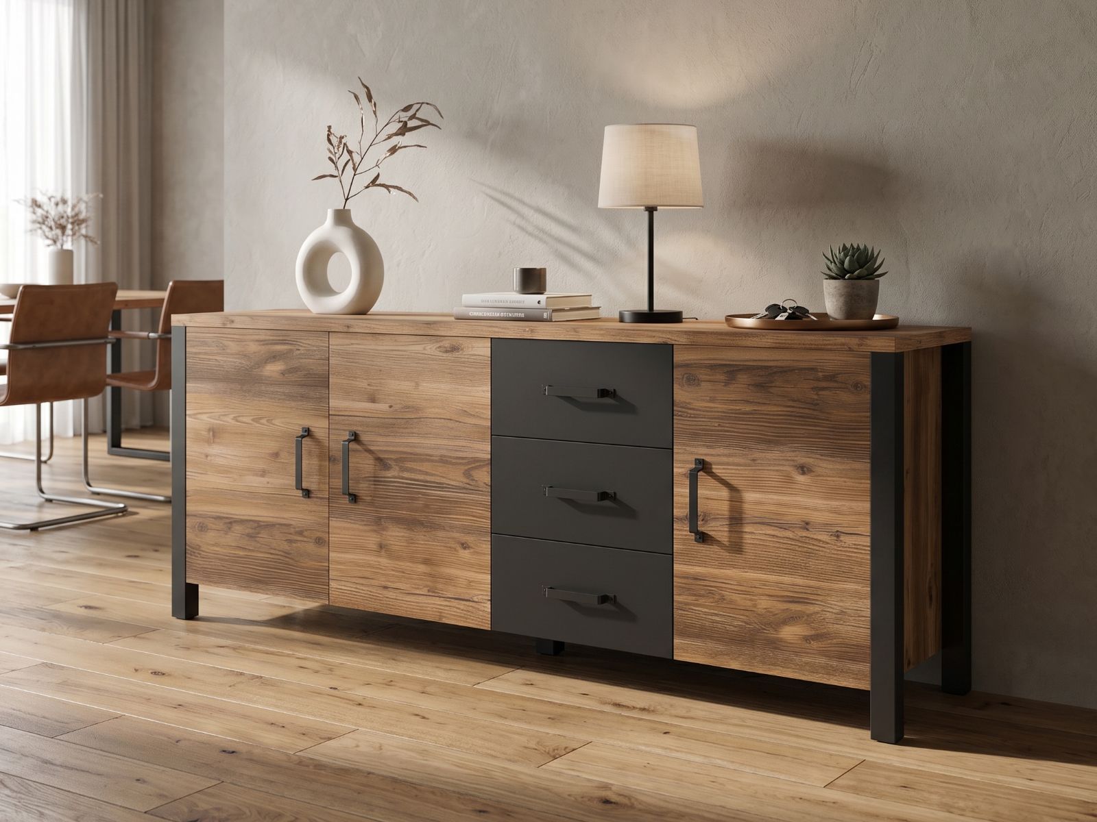 Dressoir OLIANNE 3 deuren 3 lades appenzeller sparren/zwart