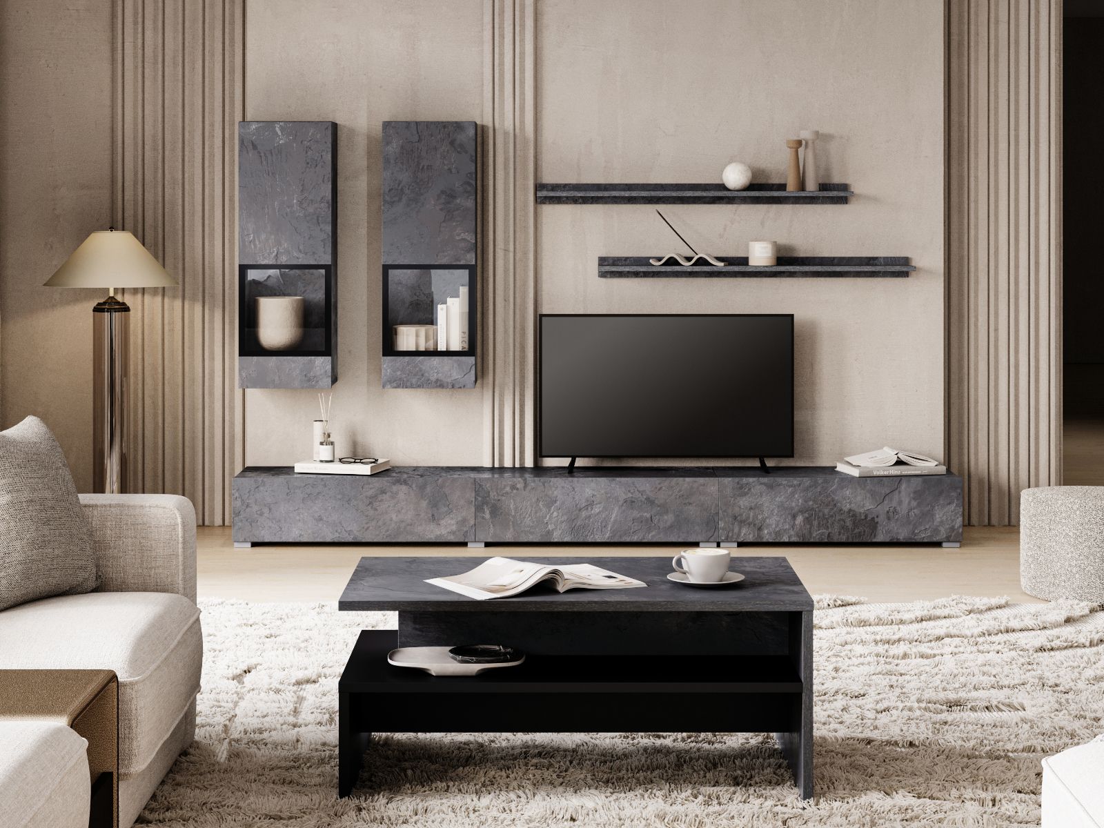 Tv-meubel set BABEL 5 deuren kleurrijke leisteen met salontafel