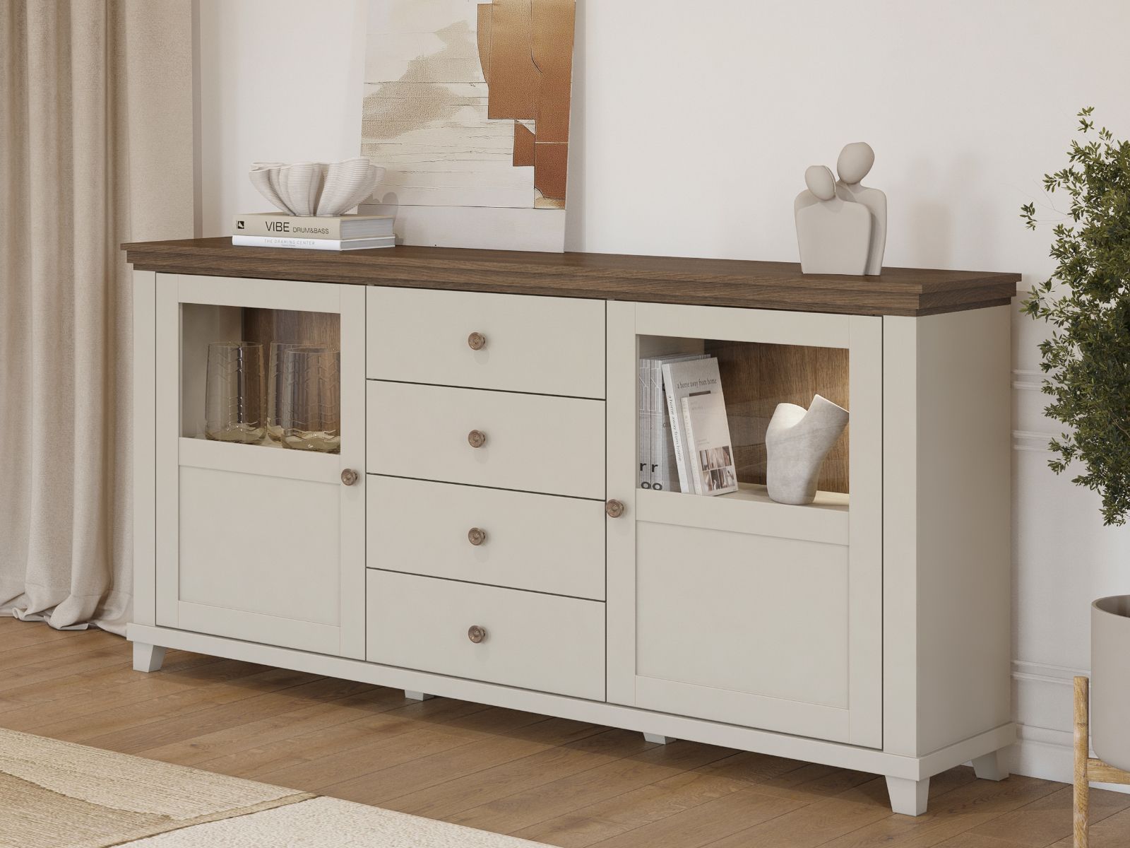 Dressoir EVOCO 2 deuren 4 laden kasjmier/eik dunin met LED-verlichting