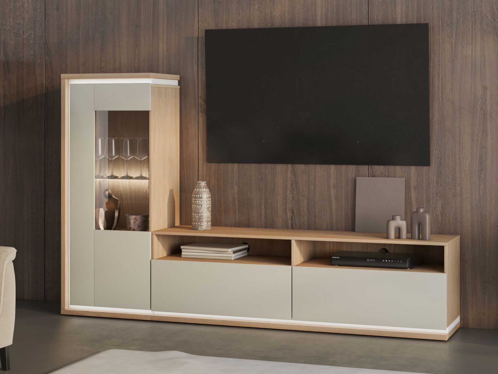 Tv-meubel set DOLCE 1 deur 2 lades kasjmier/eik