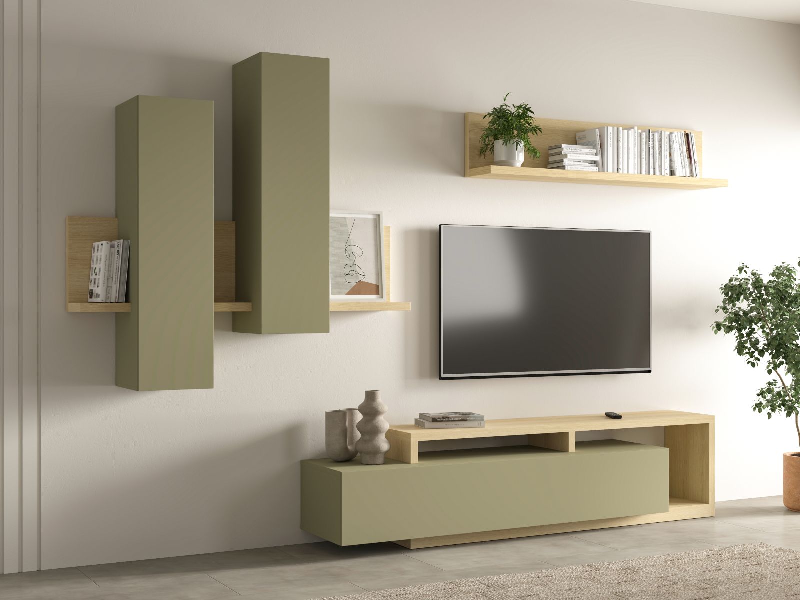 Tv-meubel set BOTSWANA 2 lades 2 opbergvakken lindberg eik/eucalyptus groen