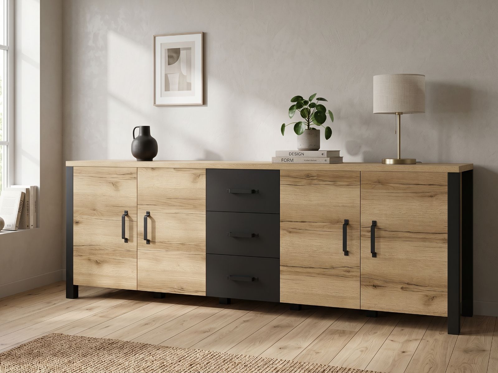 Dressoir OLIANNE 4 deuren 3 lades natuurlijke eik