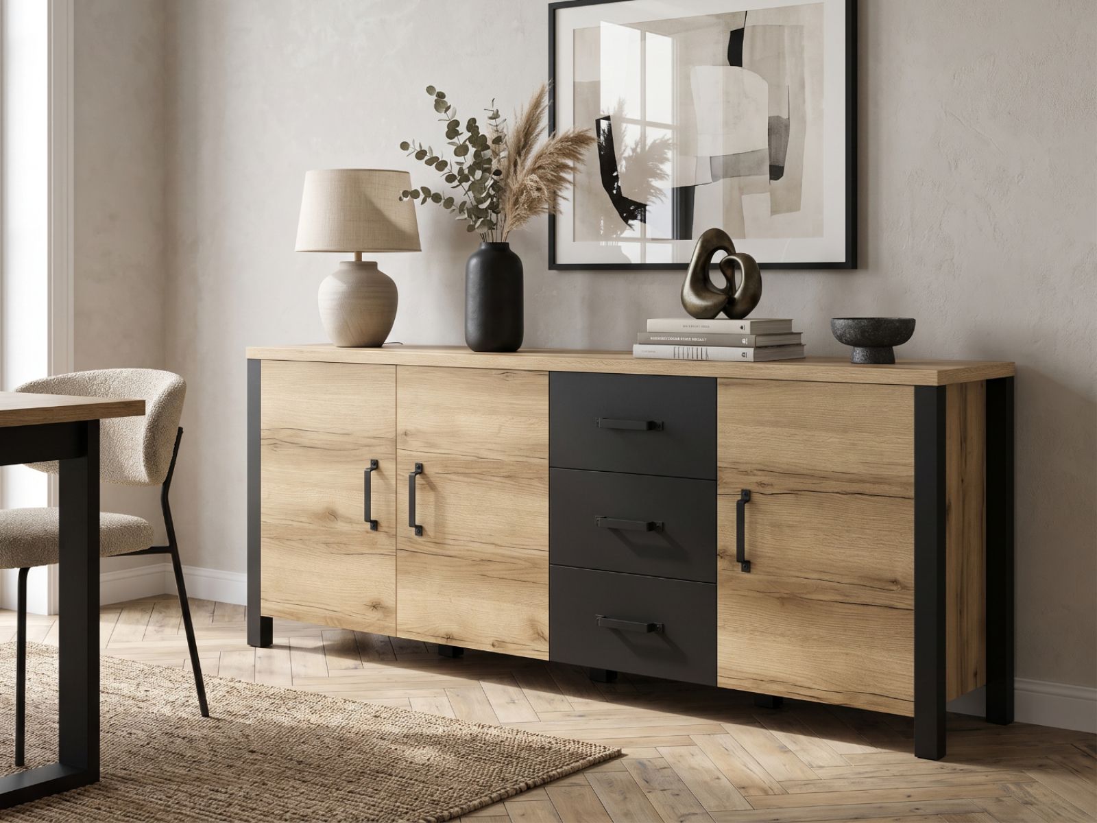 Dressoir OLIANNE 3 deuren 3 lades natuurlijke eik
