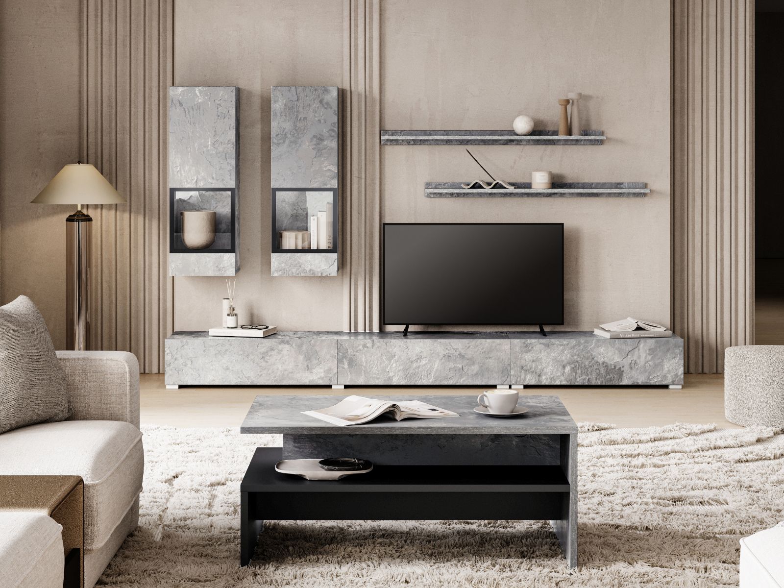 Tv-meubel set BABEL 5 deuren beton met led met salontafel