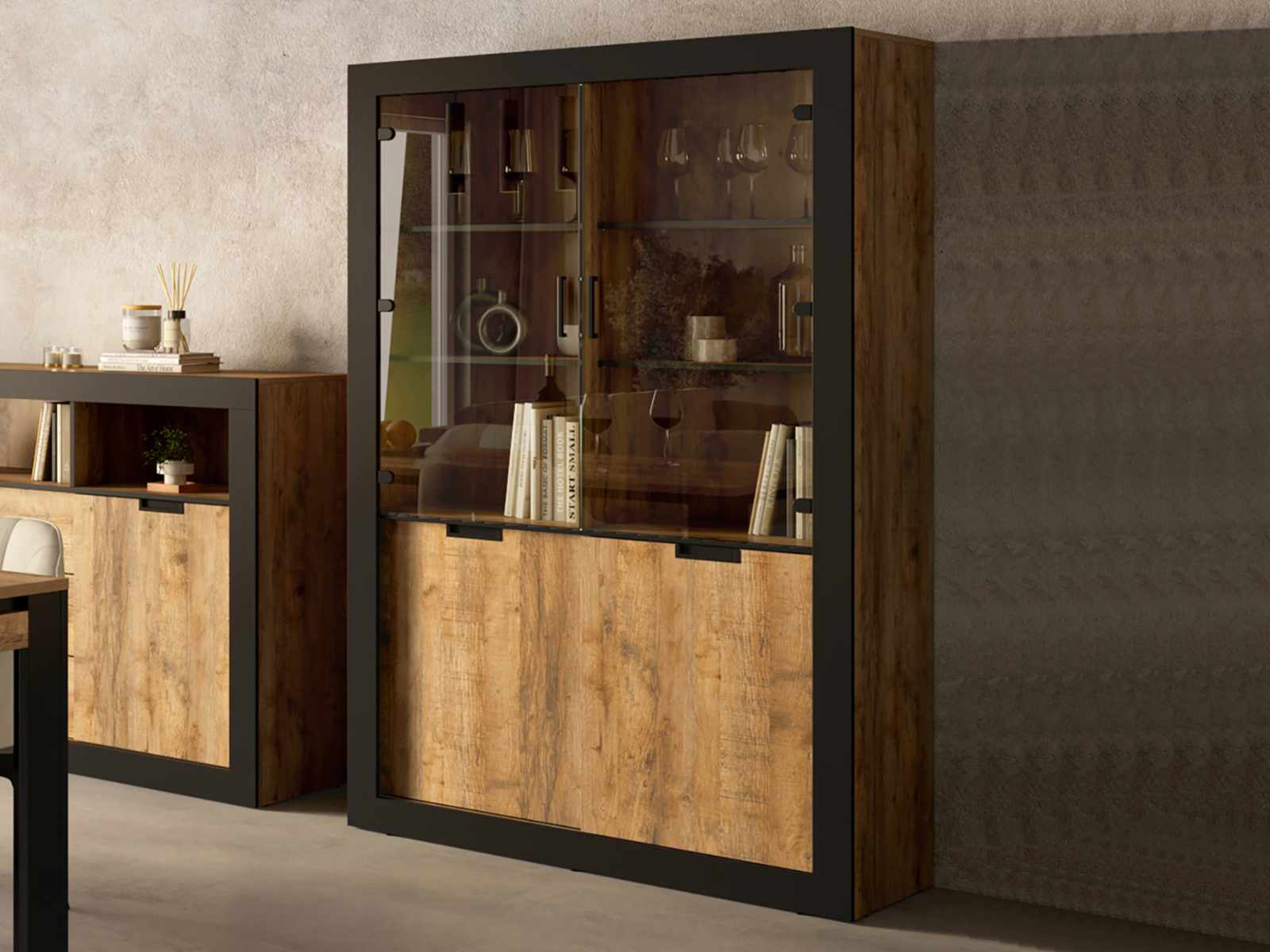 Vitrinekast TUDORO 4 deuren samdal eik/mat zwart