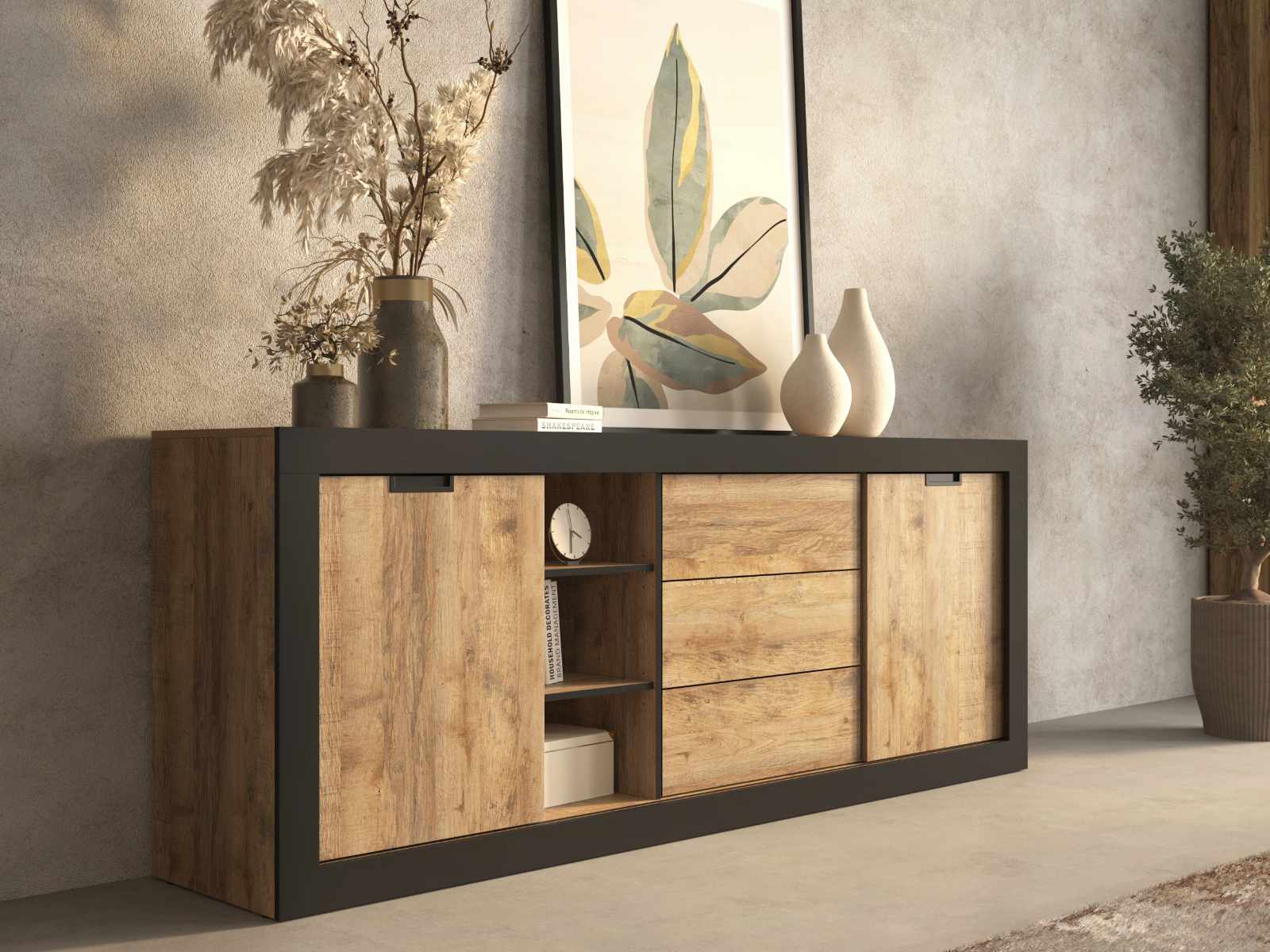 Dressoir TUDORO 2 deuren 3 lades samdal eik/mat zwart