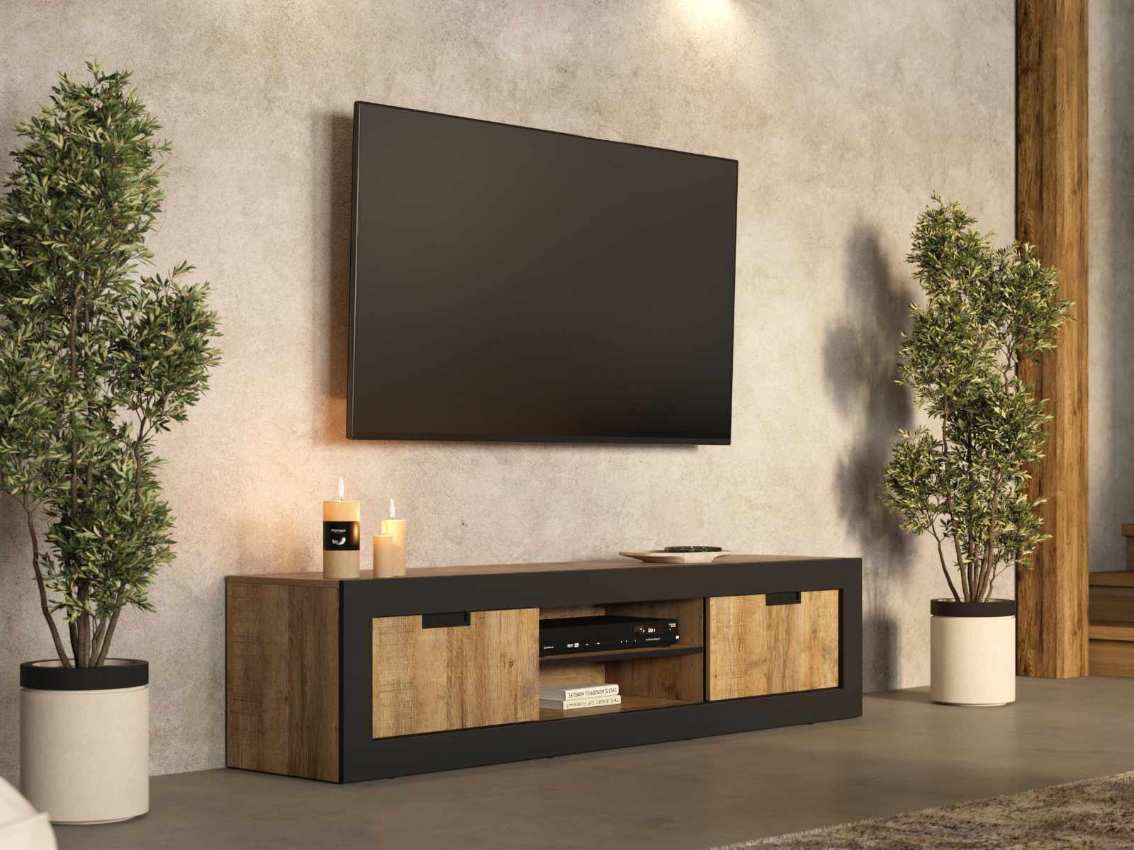 Tv-meubel TUDORO 2 schuifdeuren samdal eik/mat zwart