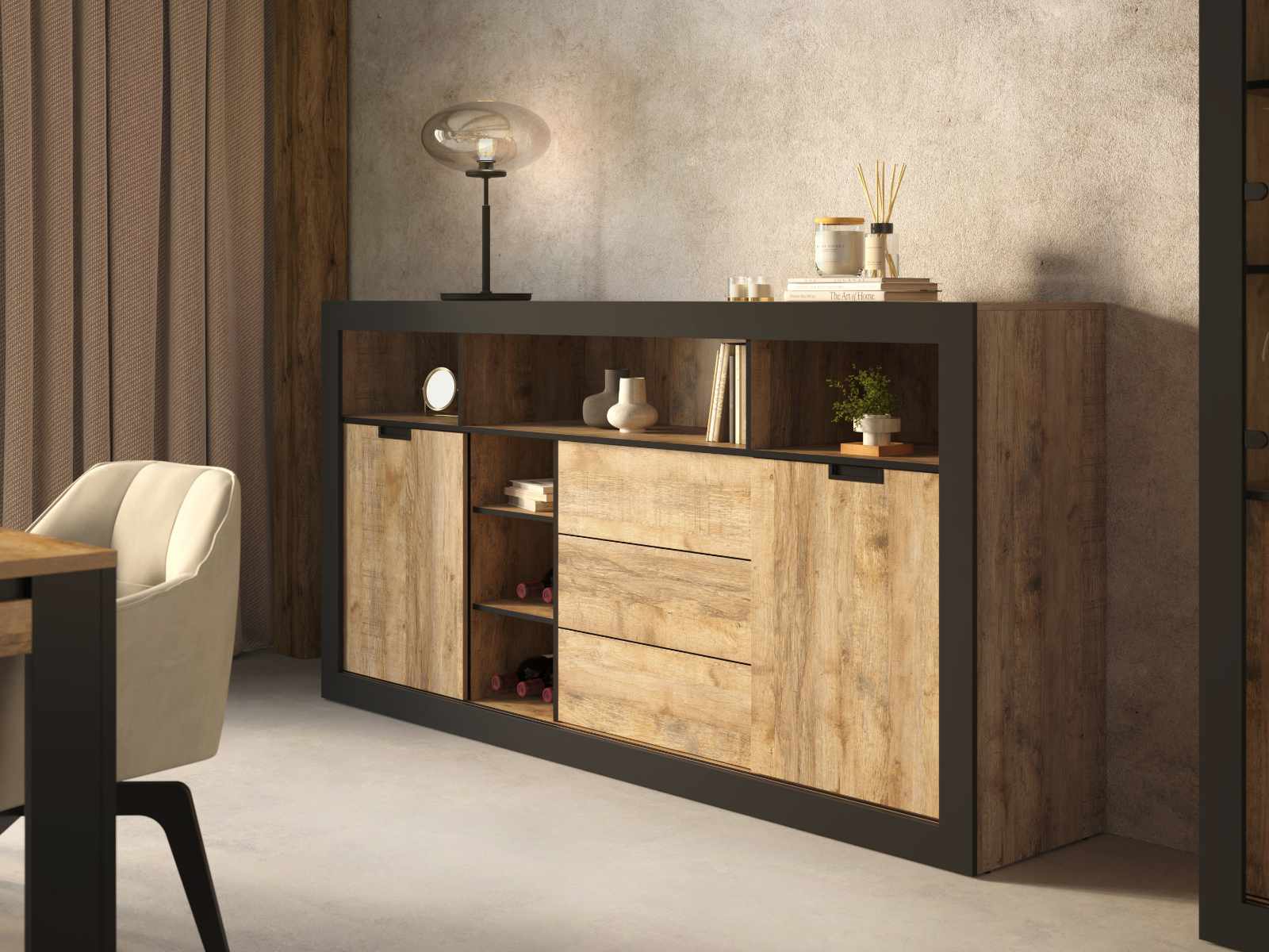 Dressoir TUDORO DELUXE 2 deuren 3 lades samdal eik/mat zwart