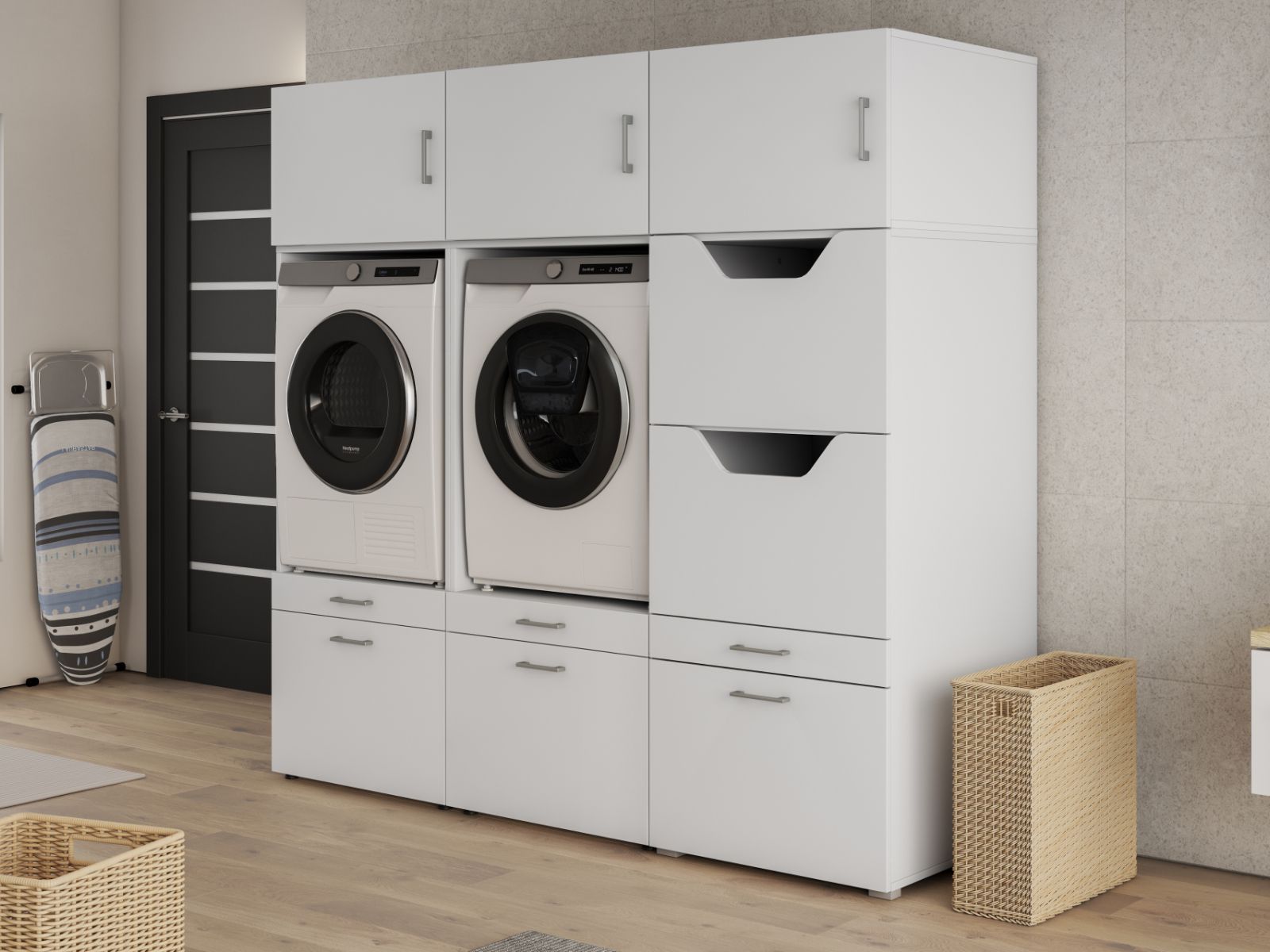 Kast WASHING 2 machines naast elkaar met kast voor wasgoed LARGE wit
