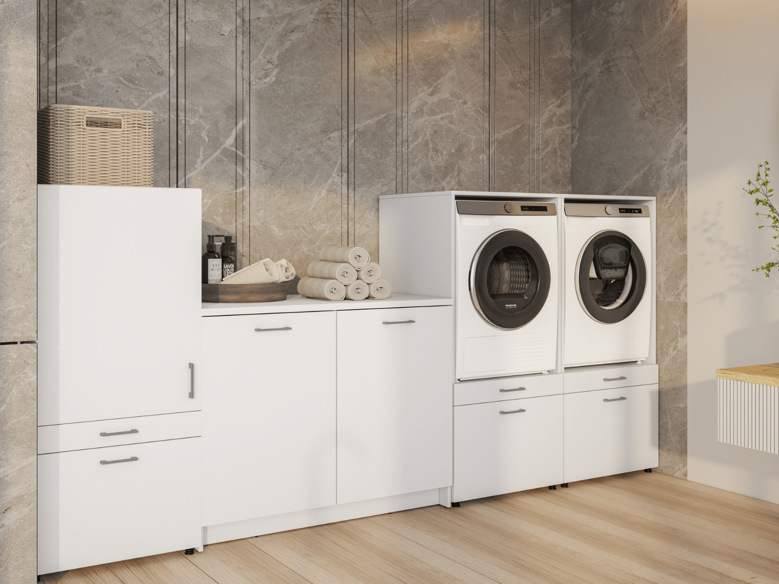 Kast WASHING 2 machines met kast 1 deur 2 lades en kast met werkblad MEDIUM wit