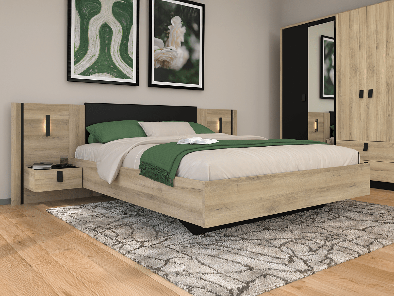 Bed en nachtkastjes KYAN 140x190 cm kronberg eik/zwart