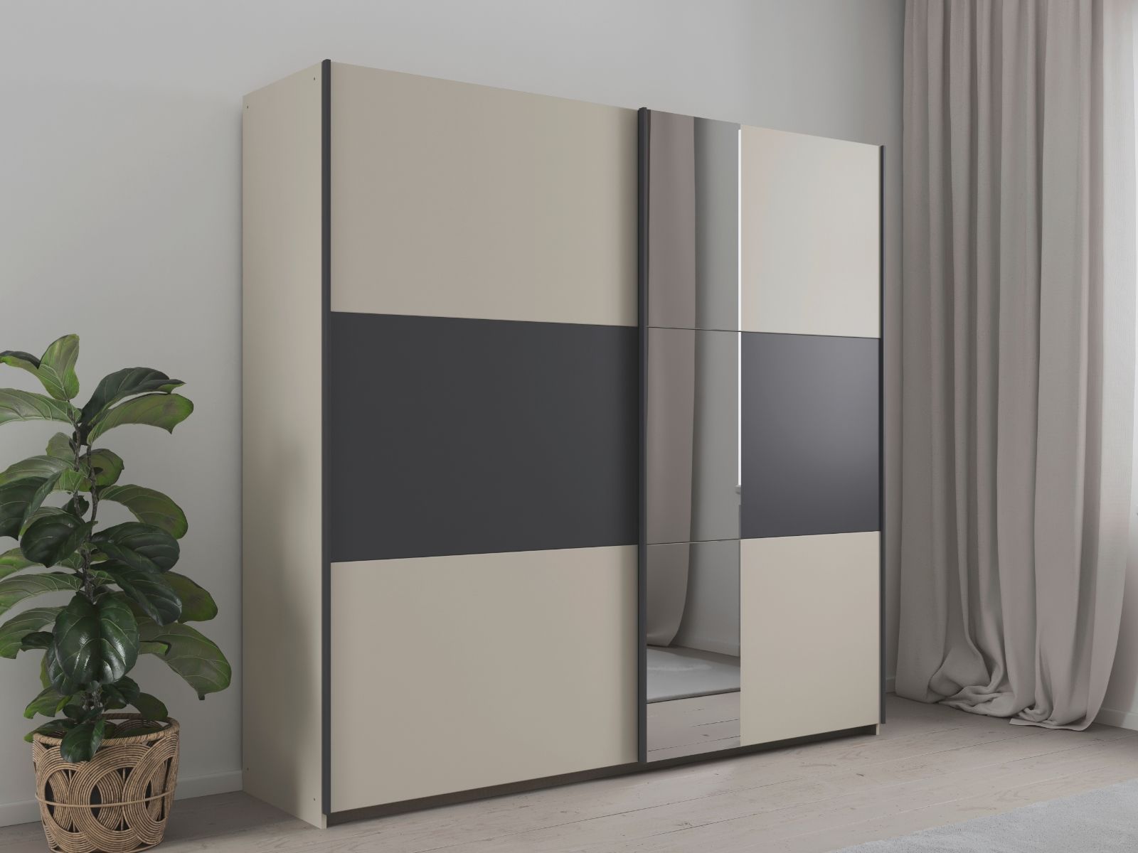 Kledingkast SAJORIS 2 schuifdeuren 218 cm kasjmier/metaalgrijs met spiegel