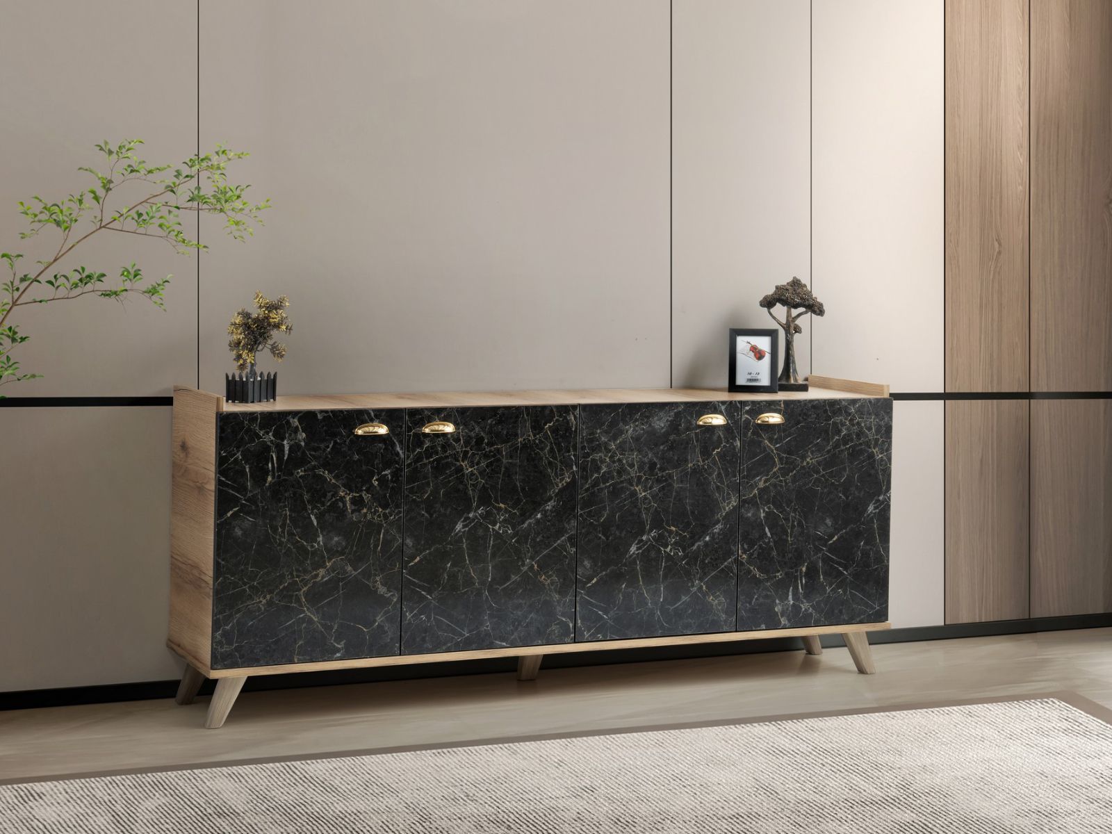 Dressoir SUMONIA 4 deuren eik/zwart marmer
