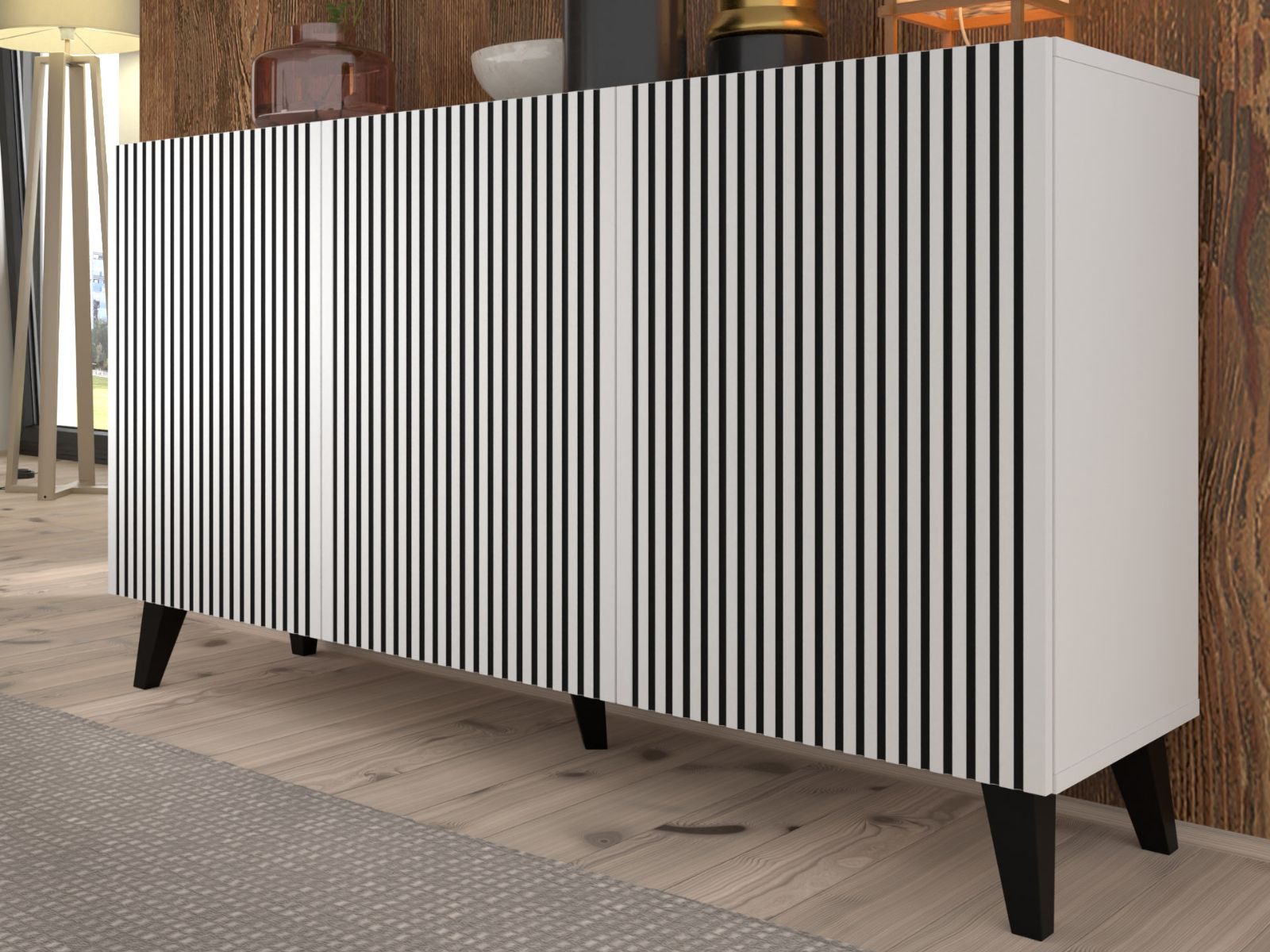 Dressoir RAVAGE 3 deuren latten wit/zwart