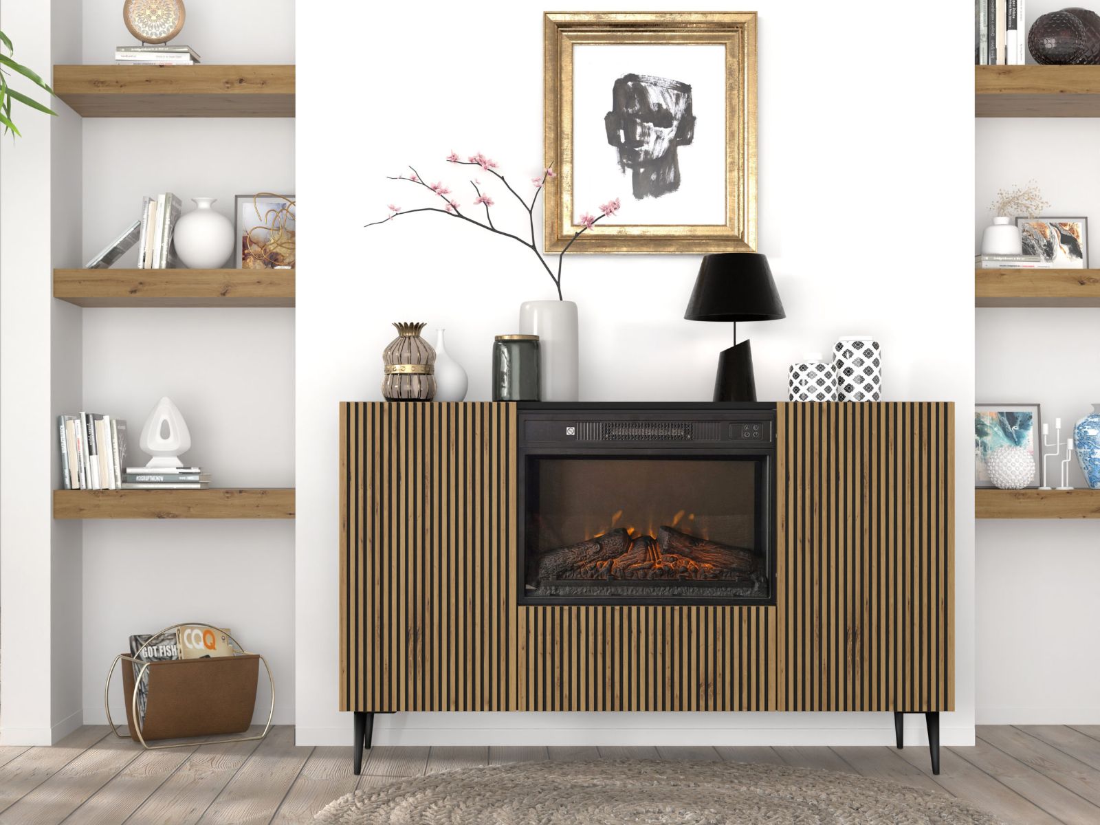 Dressoir met haard RAVAGE 3 deuren zwart/artisan eik