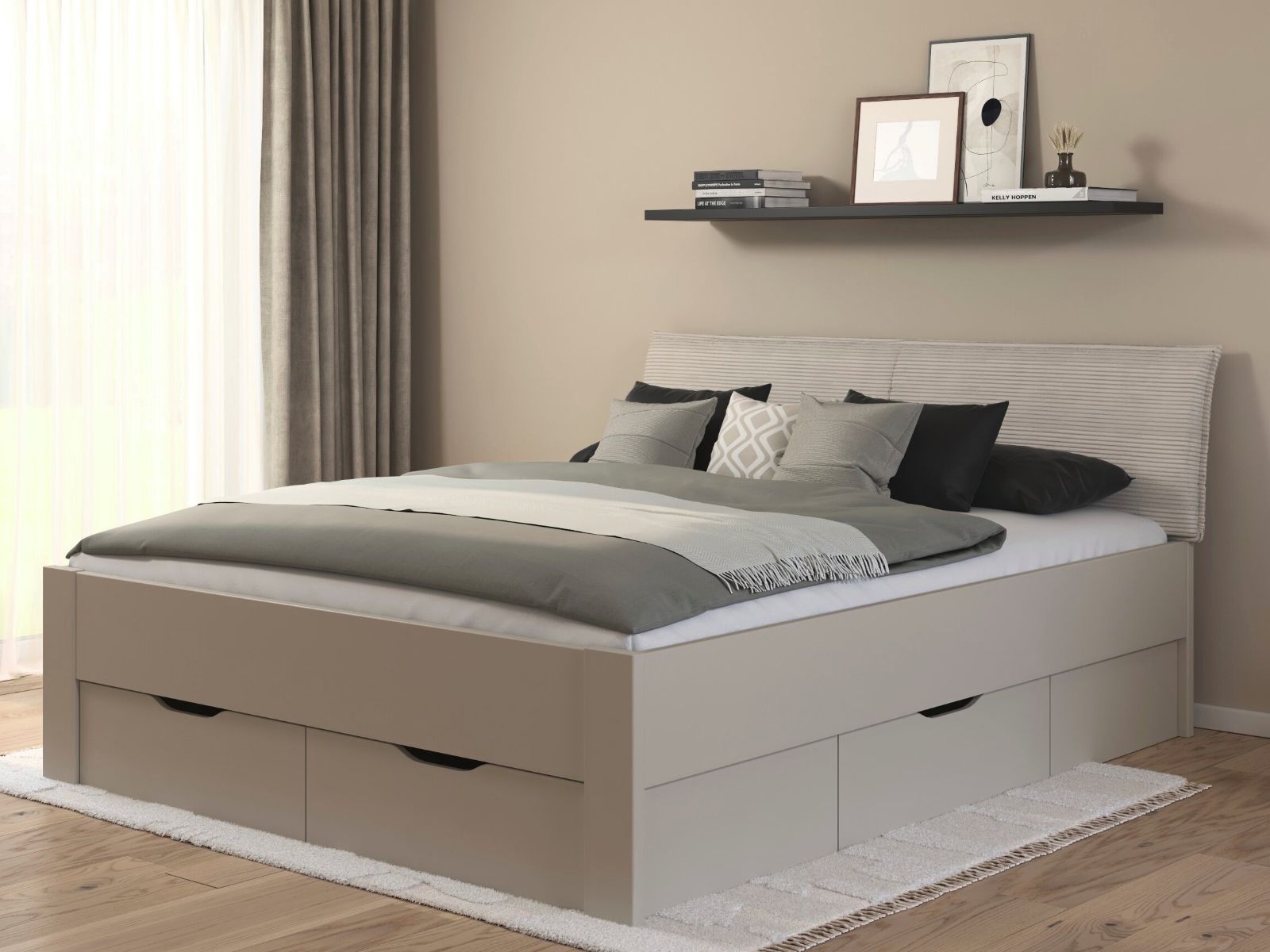 Bed LANDER 160x200 cm kasjmier/ivoorkleurig fluweel met lades