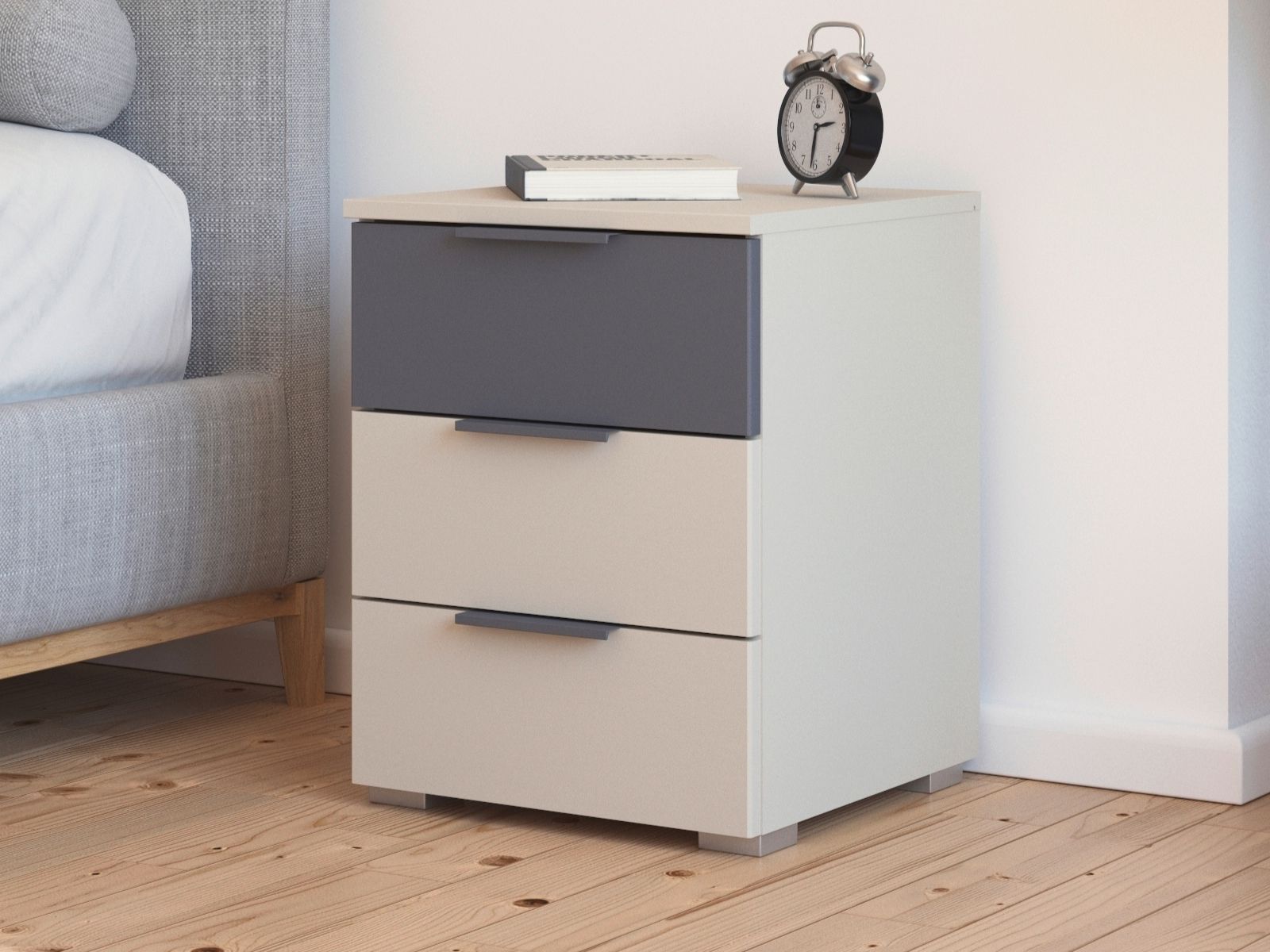Nachtkastje SAJORIS 3 lades kasjmier/metaalgrijs