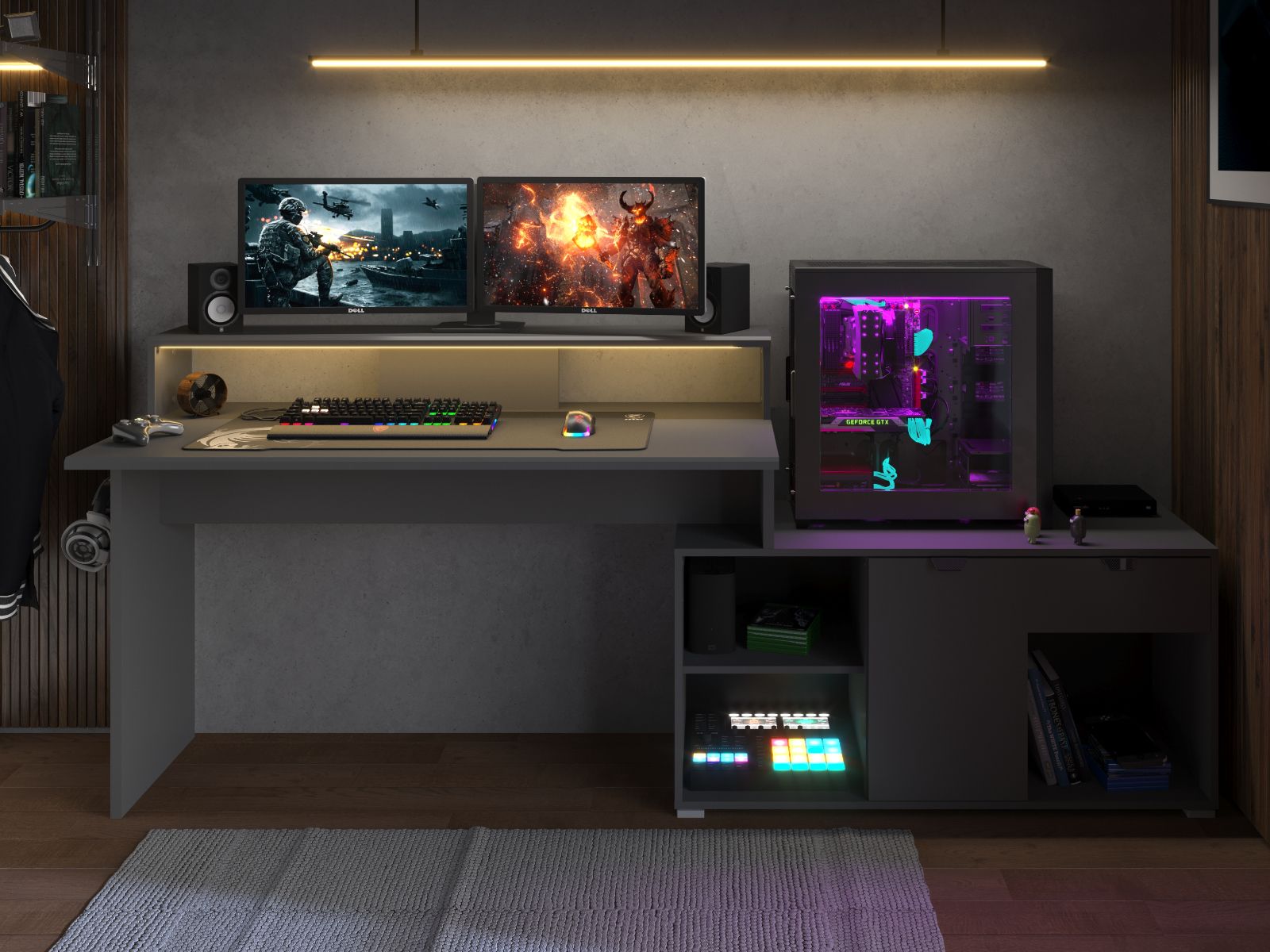 Bureau WORTHIT 2 deuren 1 lade antraciet met led