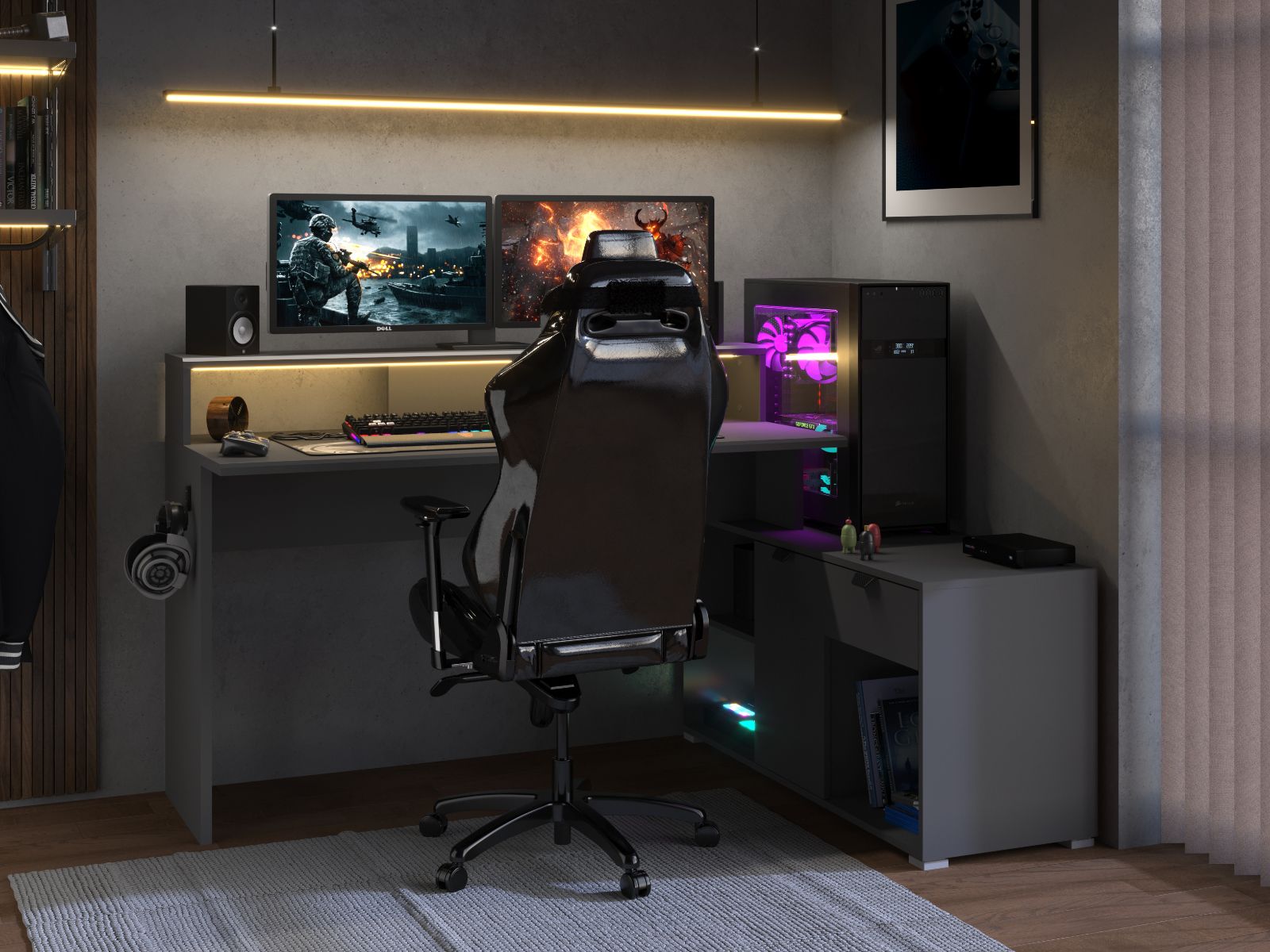 Hoekbureau WORTHIT 2 deuren 1 lade antraciet met led