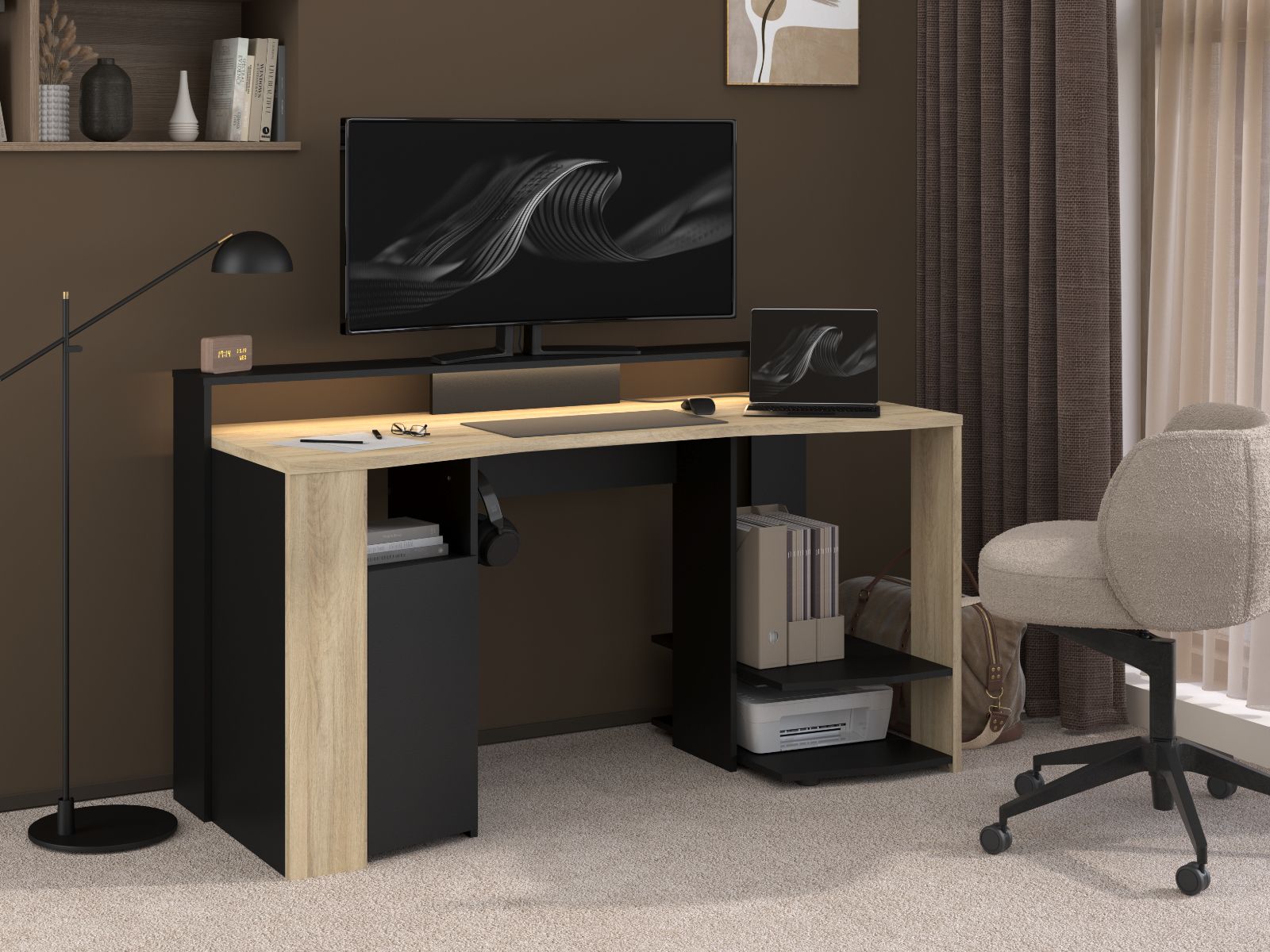 Bureau METACARP 152 cm kronberg eik/zwart met led