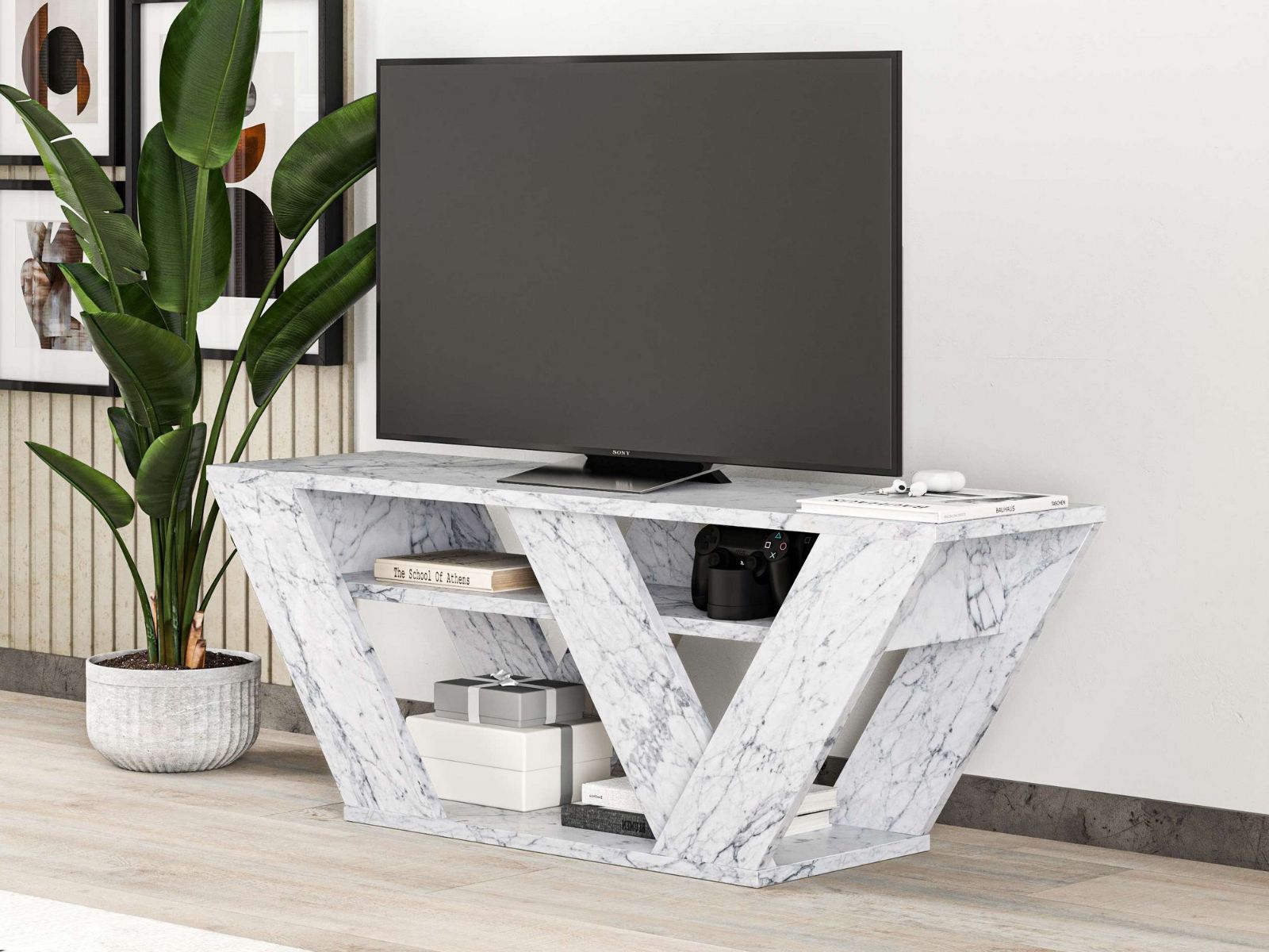 Tv-meubel PIPO 110 cm wit marmer