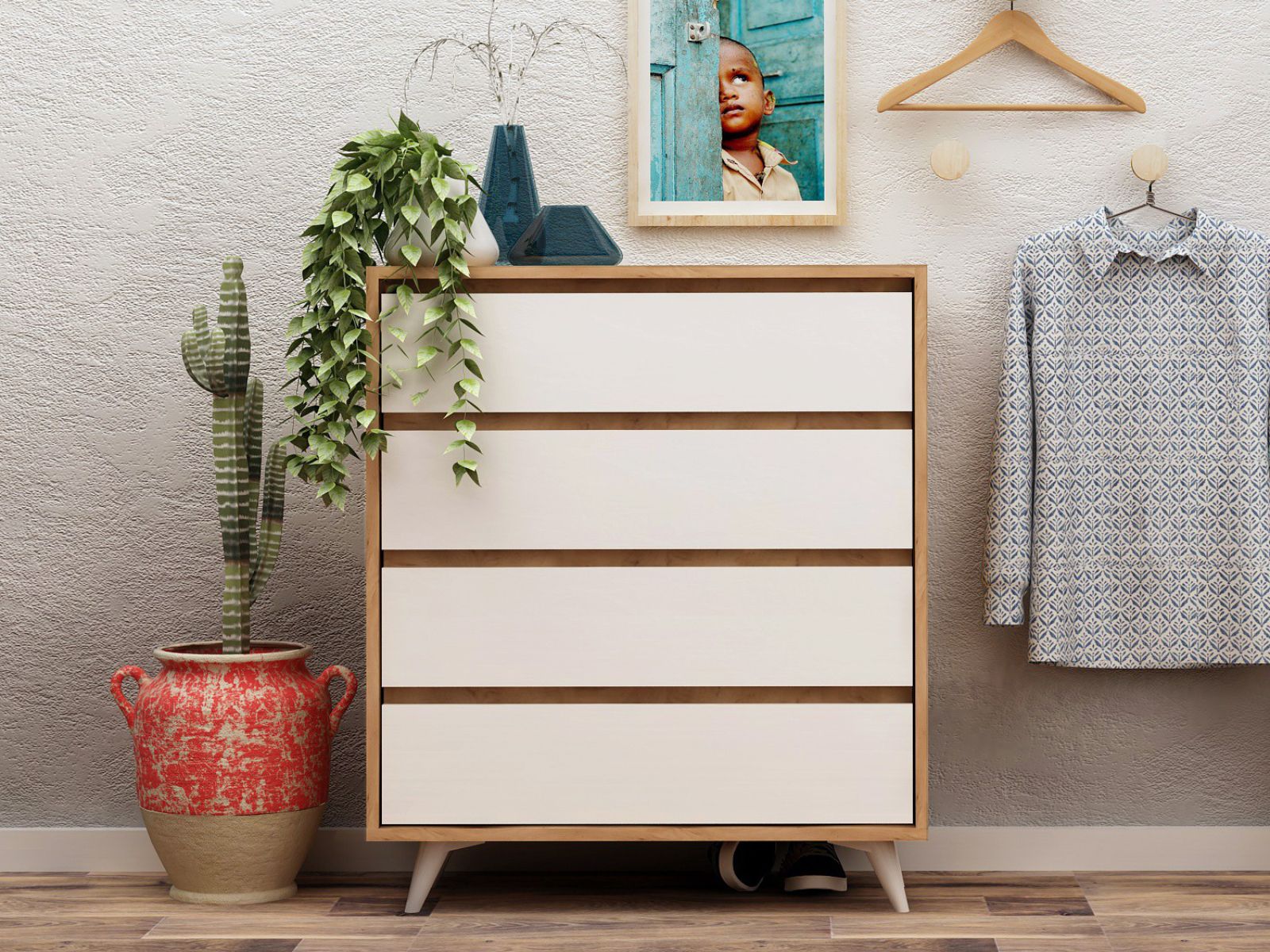 Commode TUVERA 4 lades eik/wit