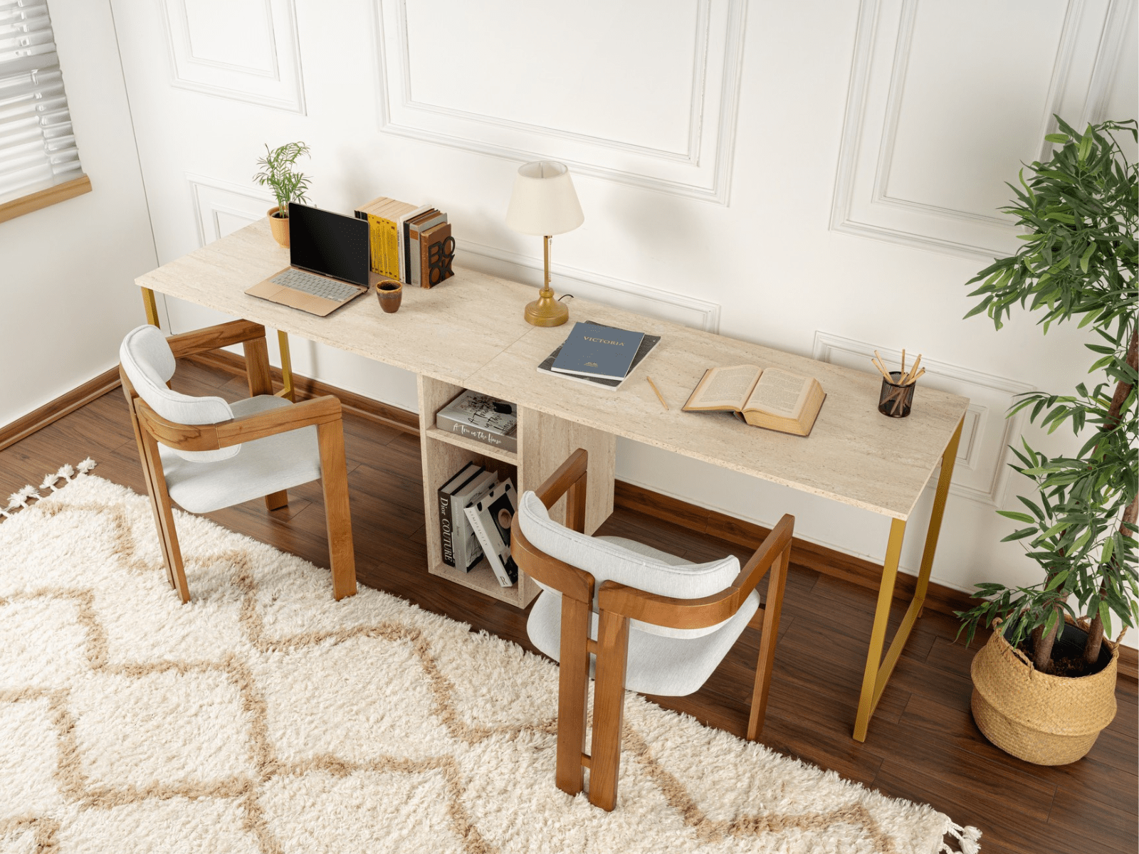 Bureau 2 personen TWINNA 240 cm travertin/goud