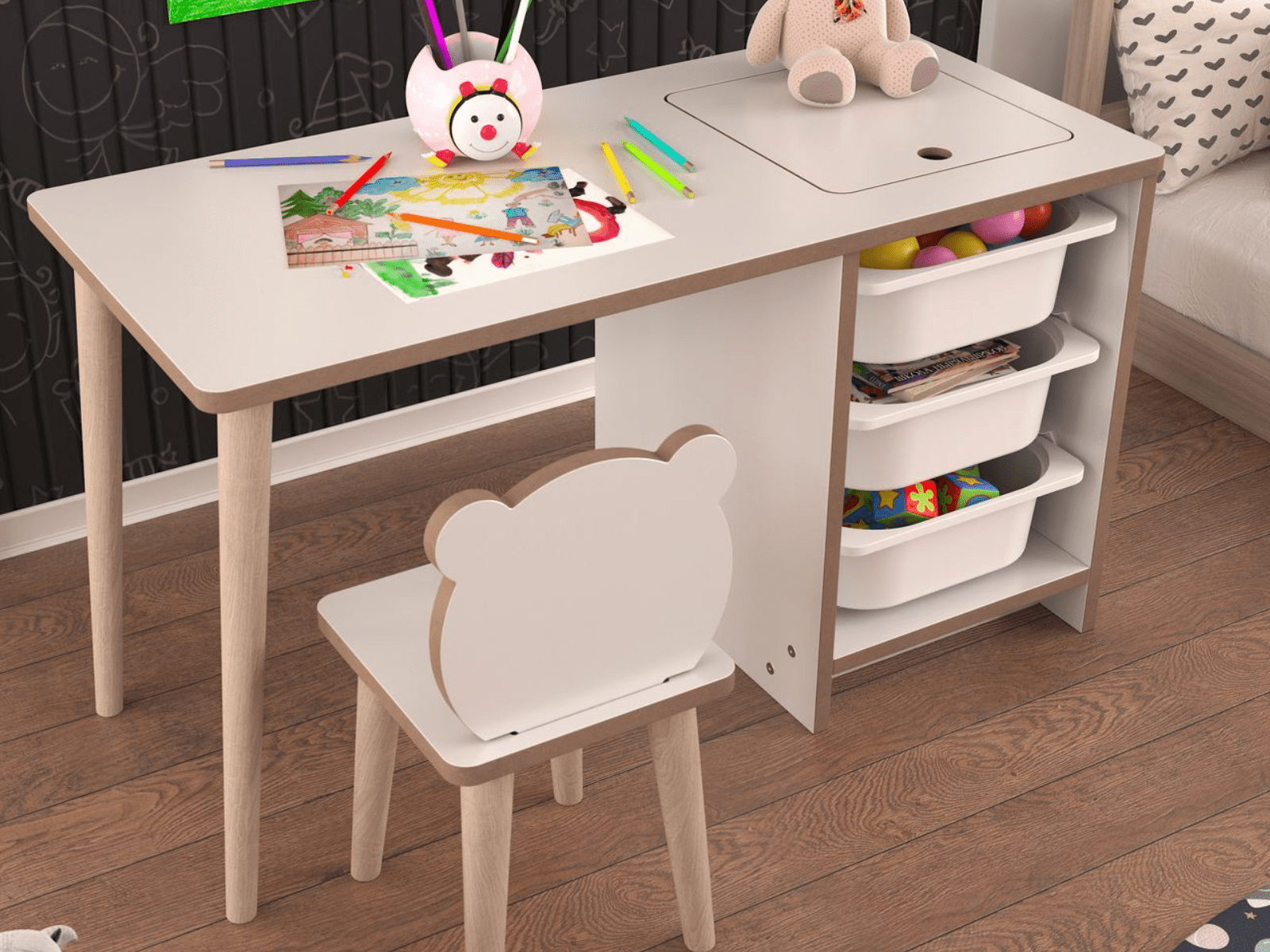 Bureau SOREO 3 lades met stoel wit 