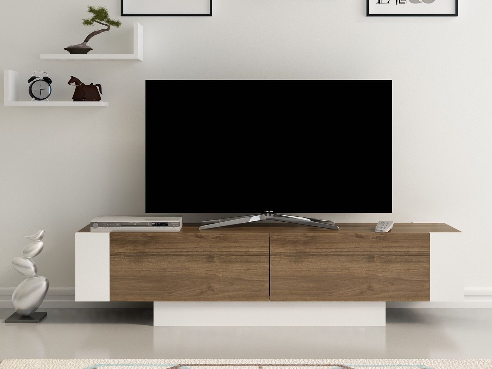 Tv-meubel MATURAZI 2 deuren walnoot/wit met legplanken