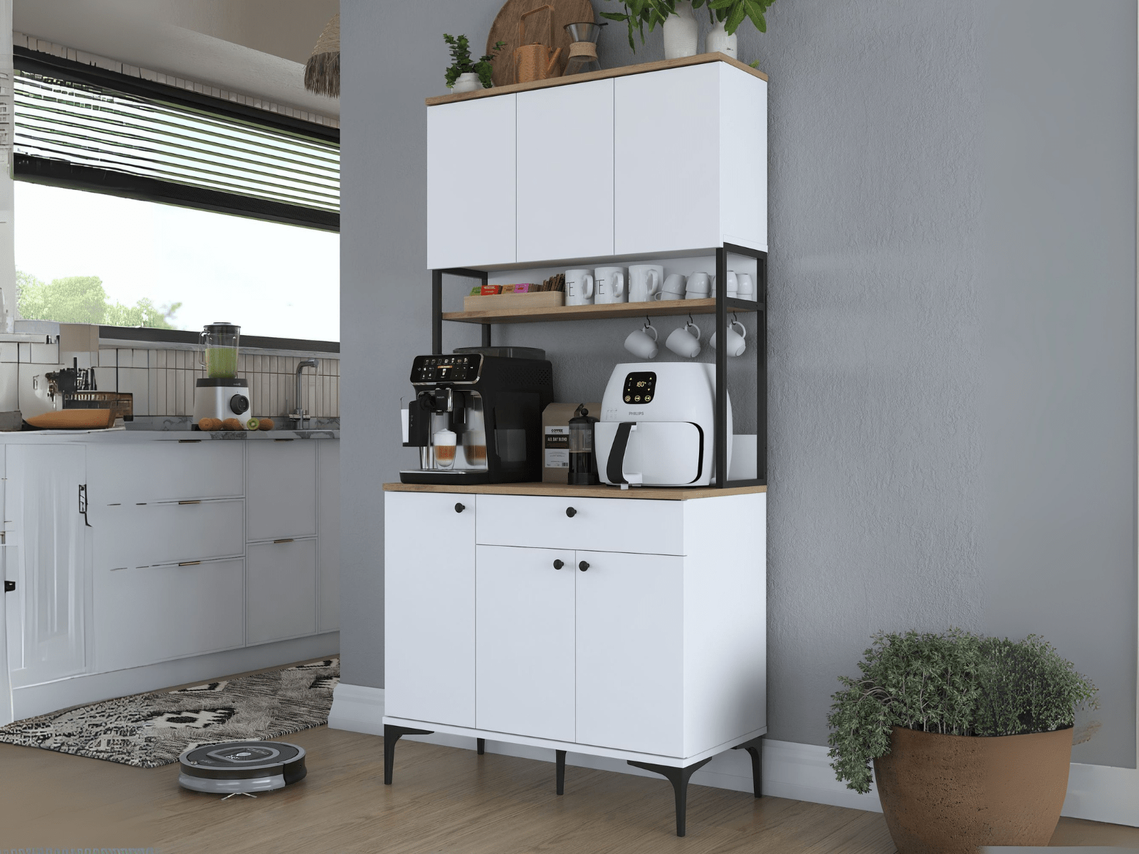 Dressoir LIGNAC 6 deuren 1 lade wit/notelaar